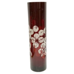 Retro Mid-Century Modern Maroon Color Crystal Vase with Exquisite Decor Pattern (50044