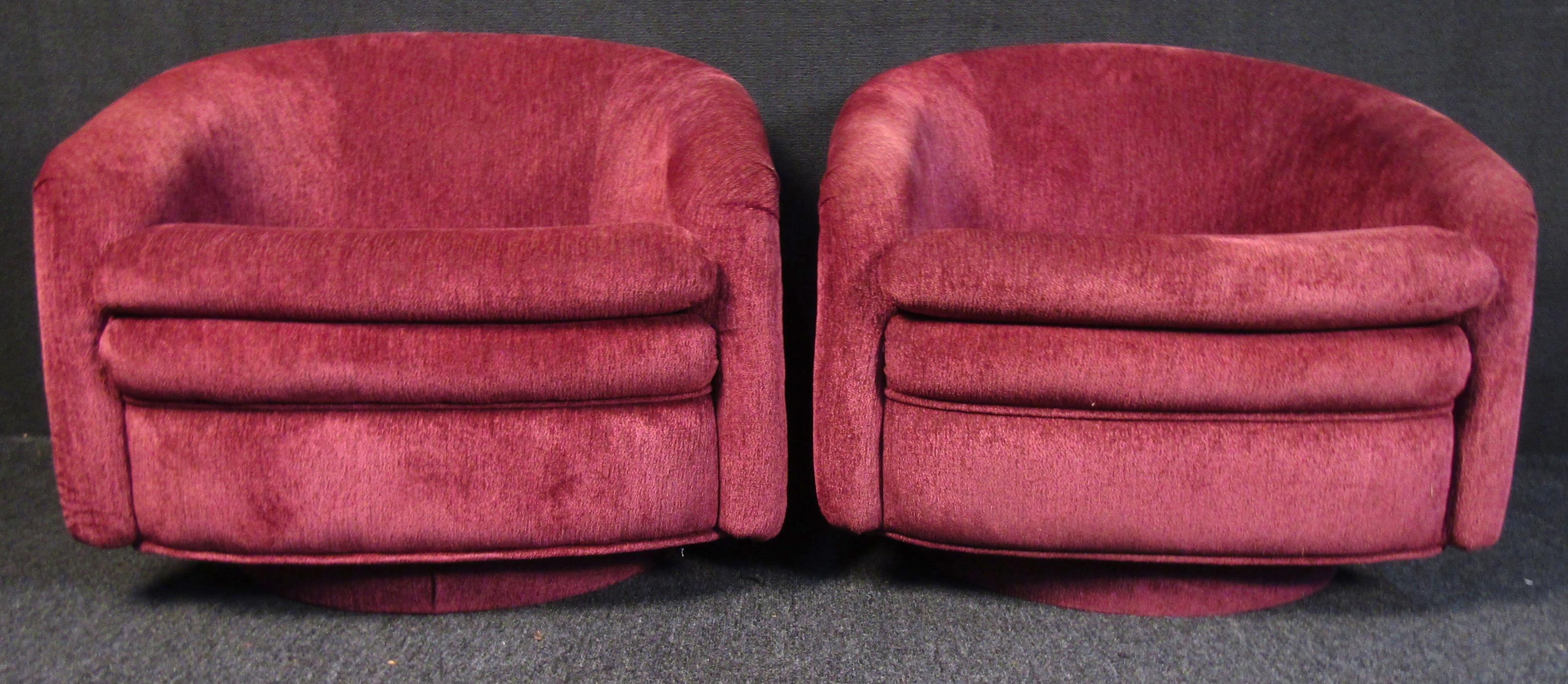 20th Century Mid-Century Modern Maroon Swivel Lounge Chairs For Sale