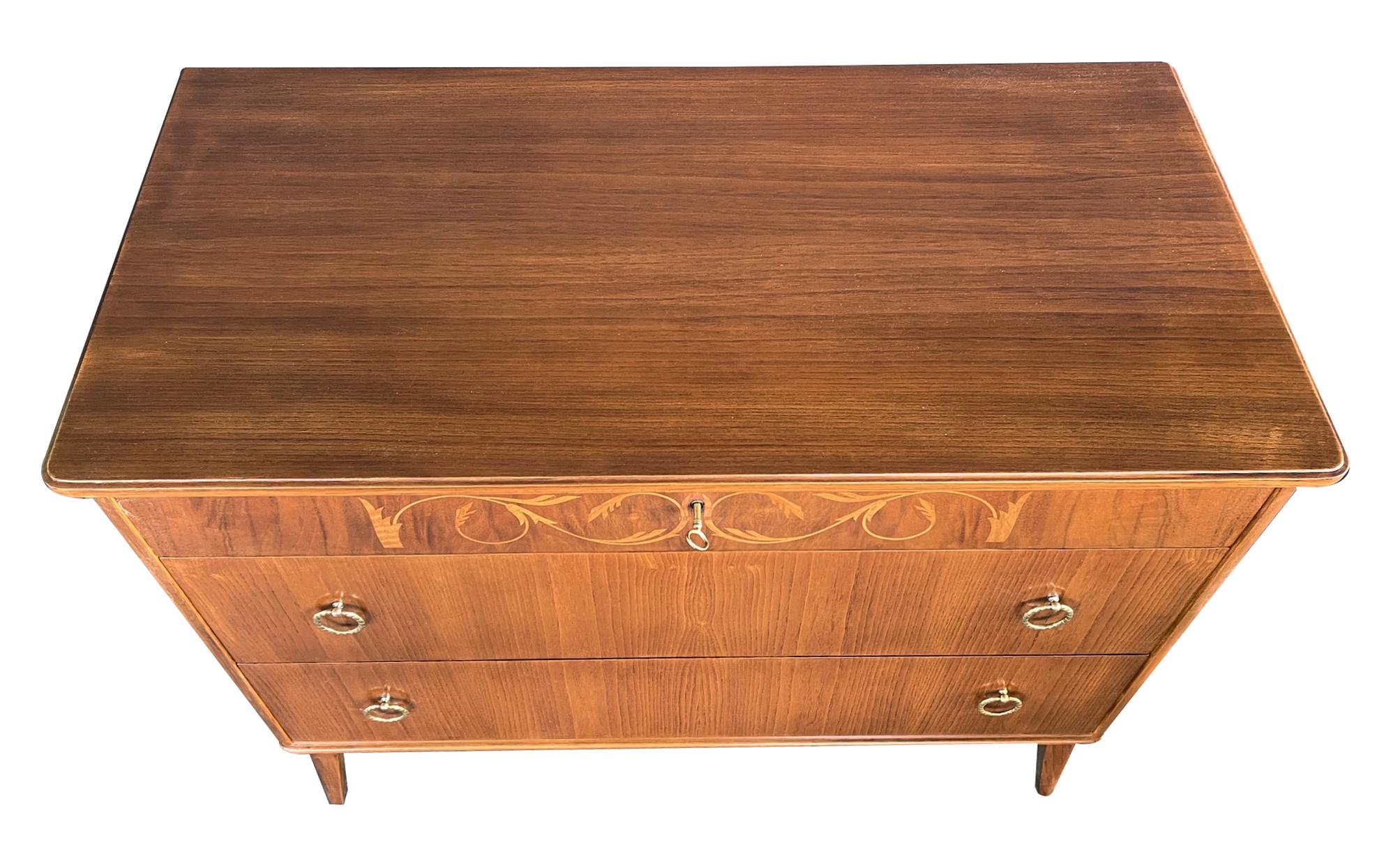 Mid-Century Modern Marquetry Inlaid Birch Chest of Drawers, Possibly Swedish In Excellent Condition For Sale In San Francisco, CA