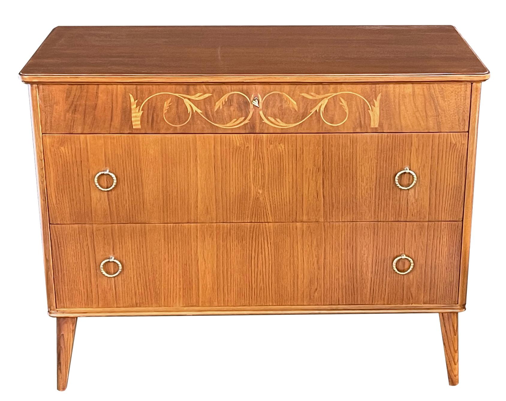 Mid-20th Century Mid-Century Modern Marquetry Inlaid Birch Chest of Drawers, Possibly Swedish For Sale