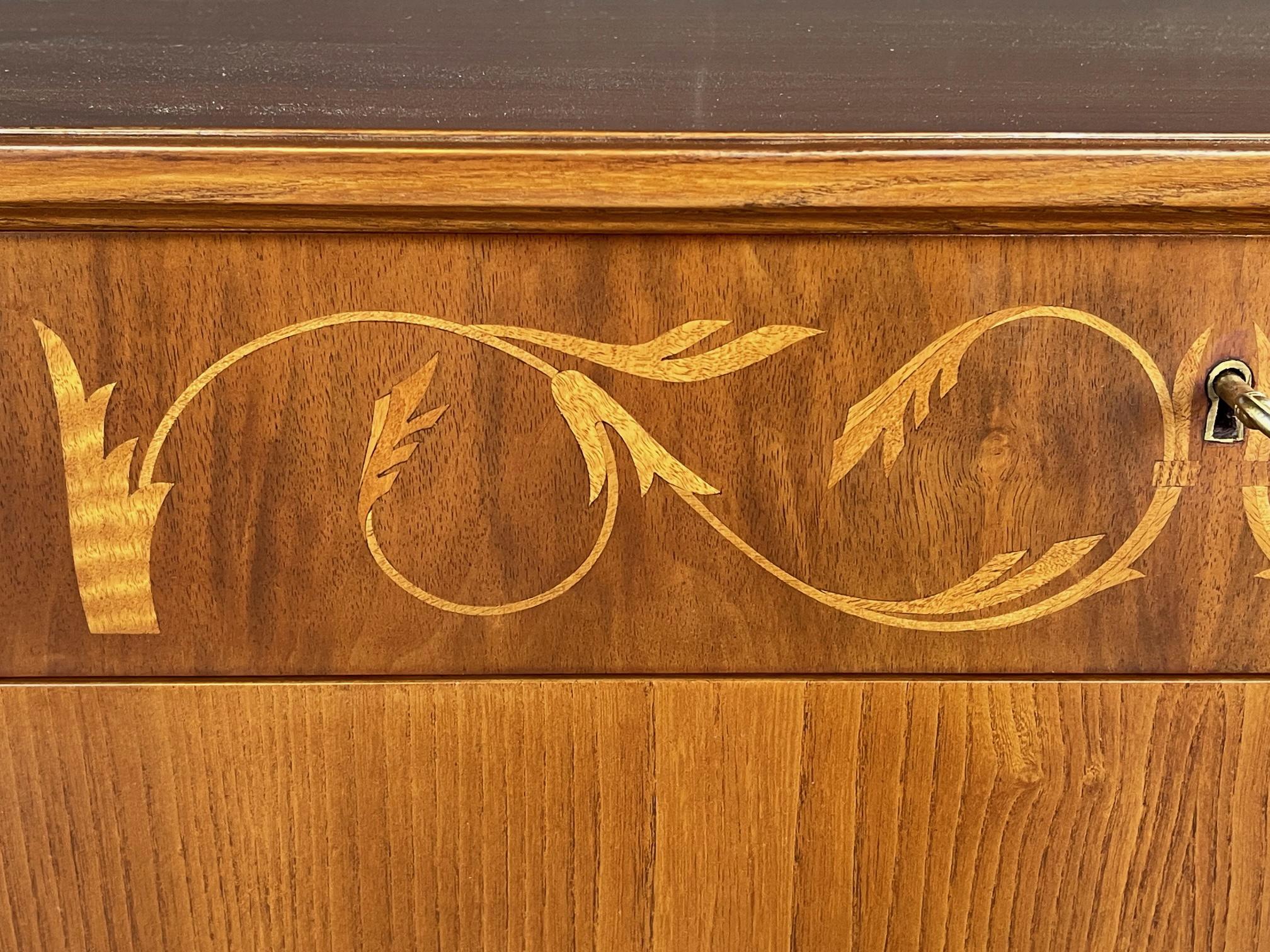 Brass Mid-Century Modern Marquetry Inlaid Birch Chest of Drawers, Possibly Swedish For Sale