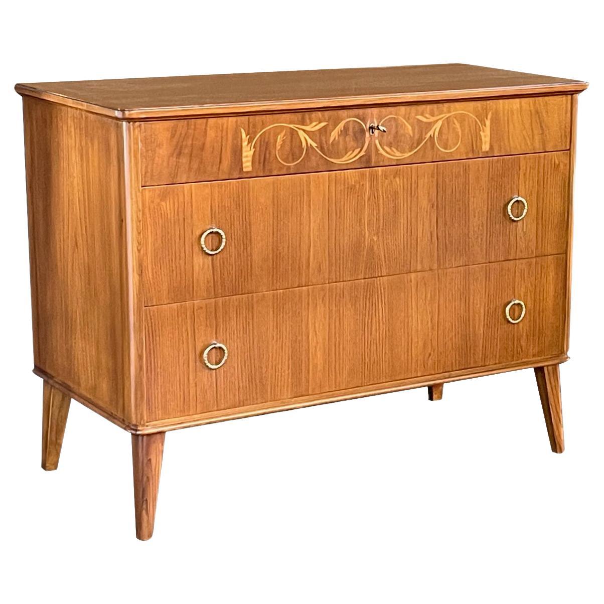 Mid-Century Modern Marquetry Inlaid Birch Chest of Drawers, Possibly Swedish For Sale