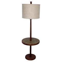 Mid-Century Modern Martz Walnut & Ceramic Tile Inlaid Floor Lamp Table
