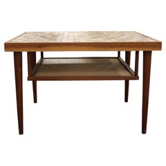 Mid-Century Modern Martz Walnut & Ceramic Tile Inlaid Side End Table with Shelf