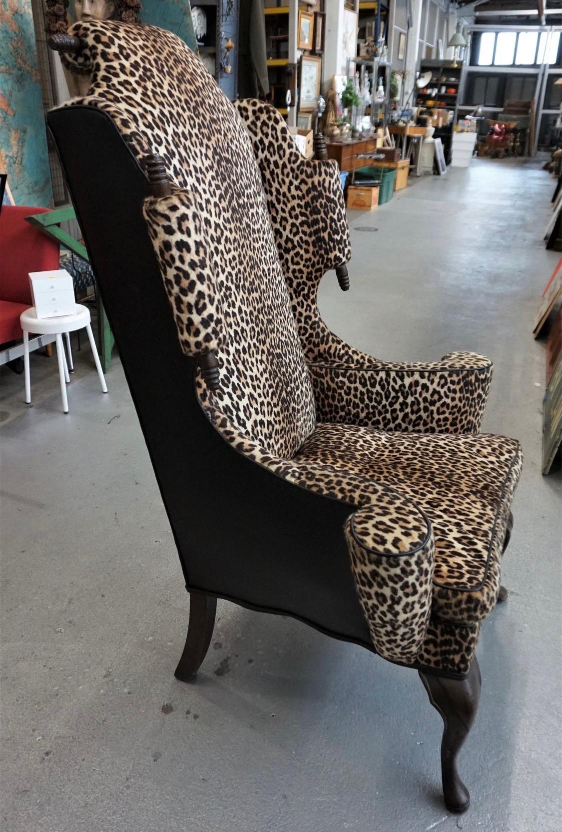 Mid-Century Modern Mason Art Custom High Back Chair Faux Leopard Wingback  In Good Condition In West Hartford, CT