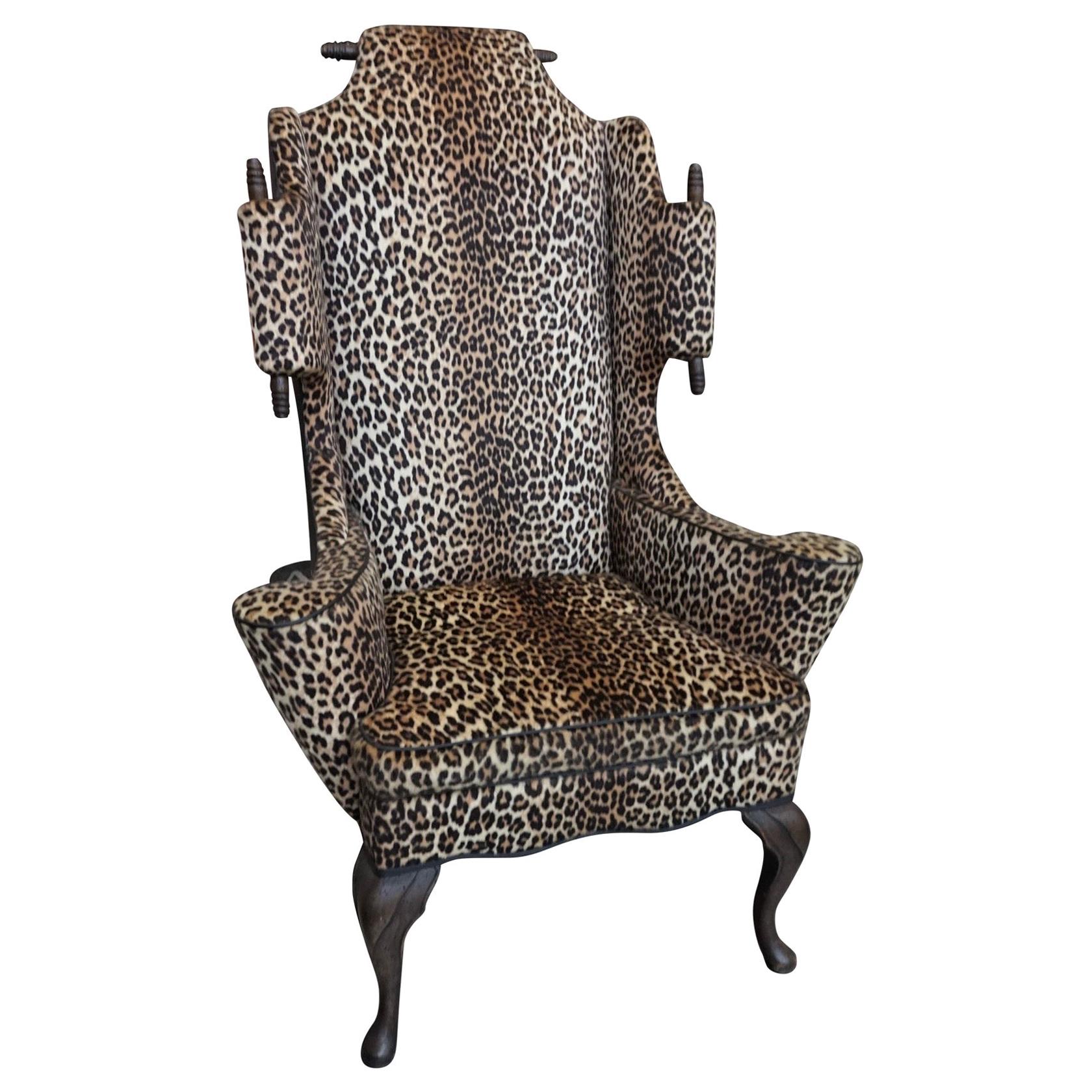 Mid-Century Modern Mason Art Custom High Back Chair Faux Leopard Wingback 
