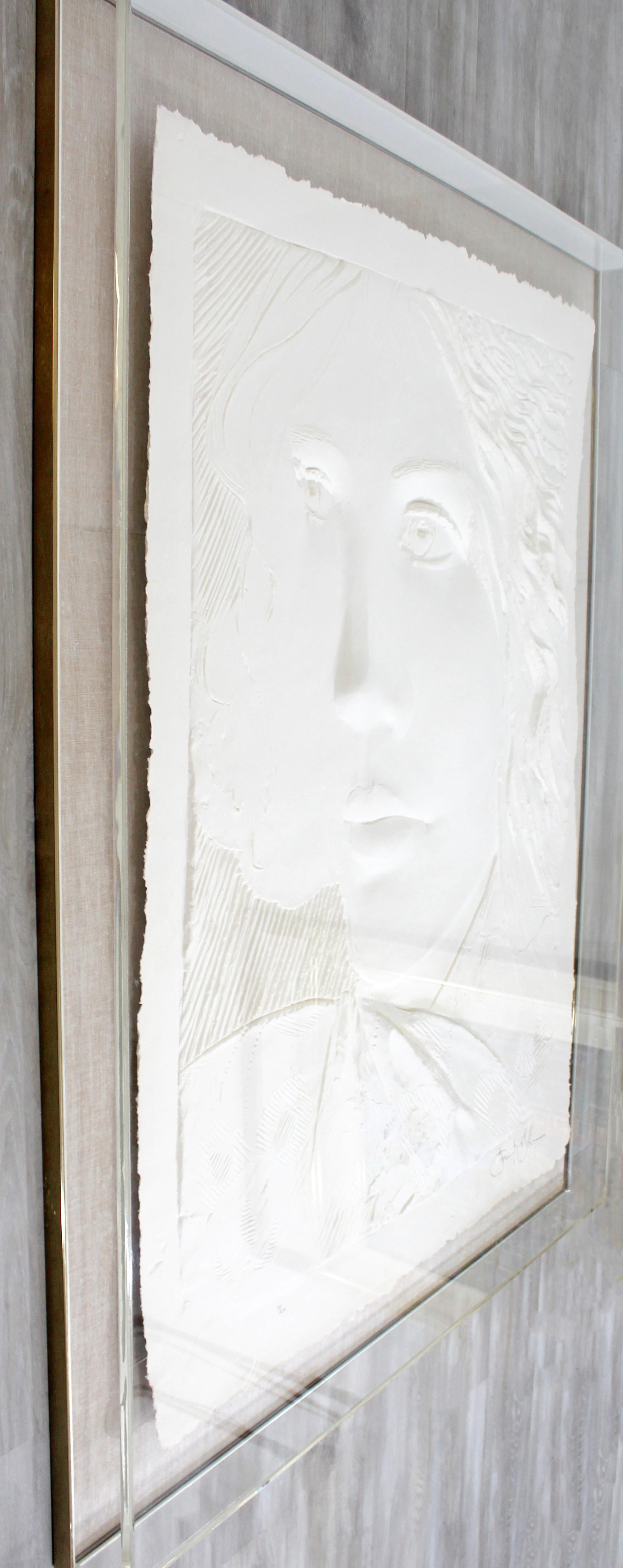 Late 20th Century Mid-Century Modern Massive Acrylic Framed Cast Paper Sculpt, Signed Frank Gallo