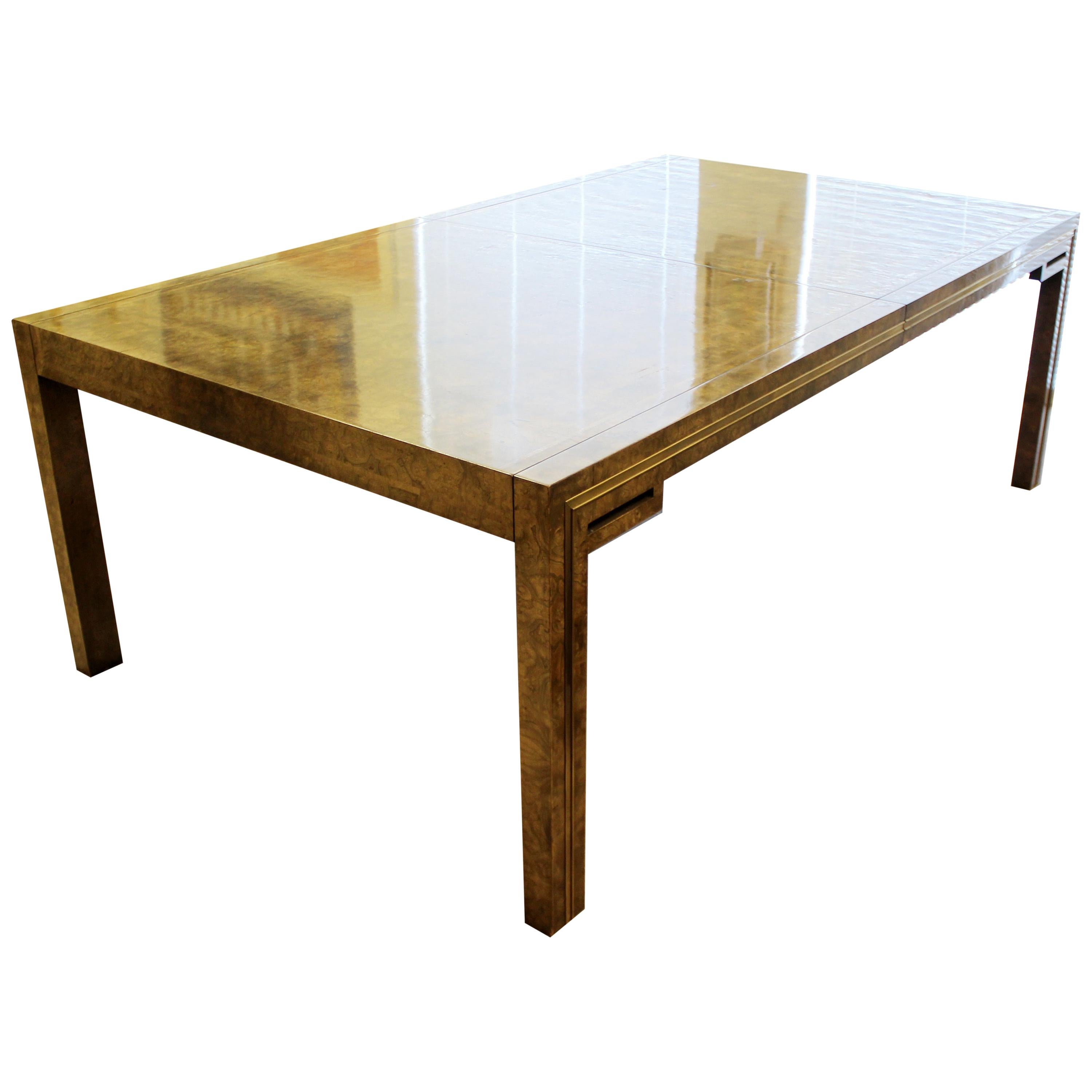 Mid-Century Modern Mastercraft Amboyna Burl and Brass Dining Table with 2 Leaves