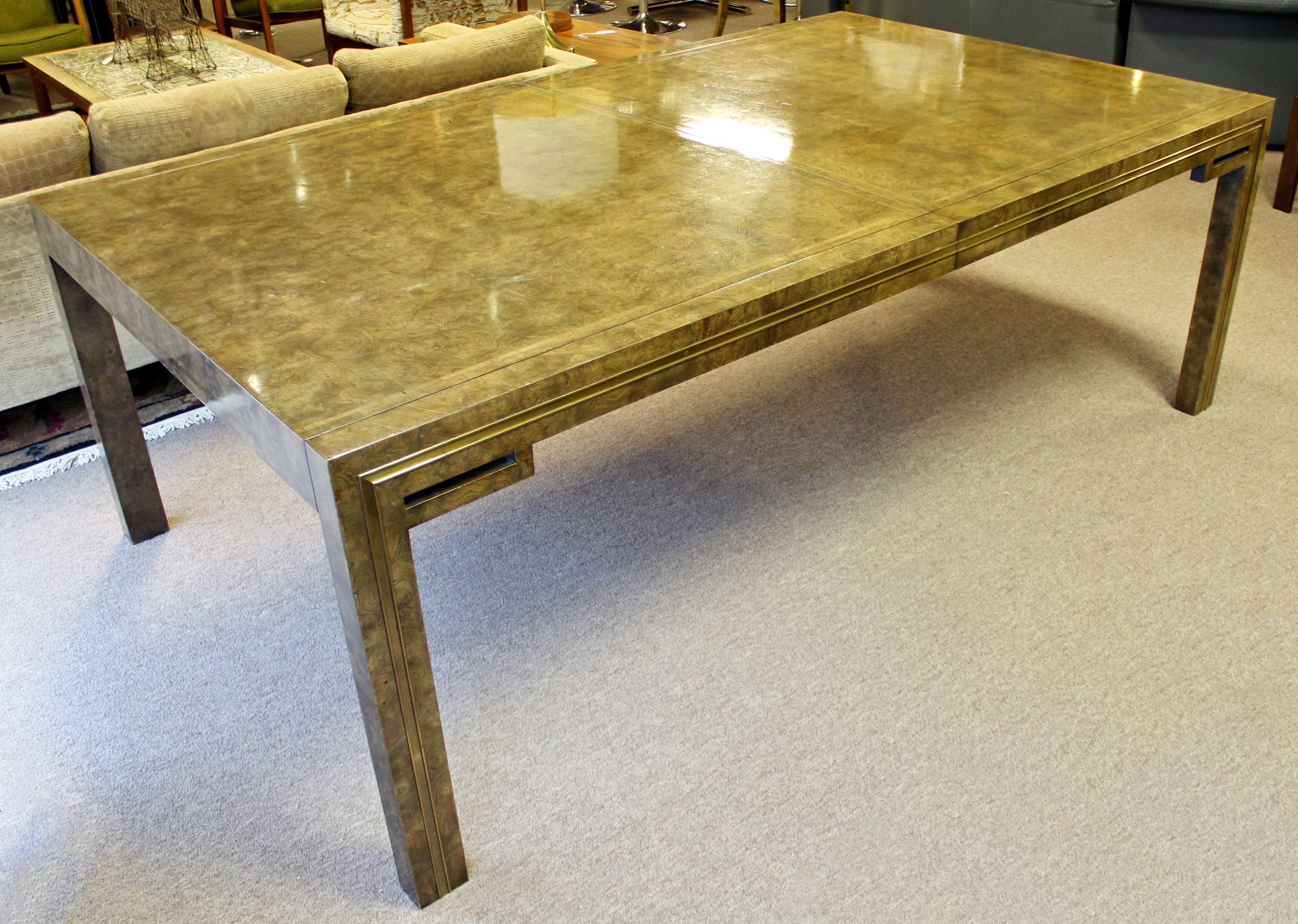 Mid-Century Modern Mastercraft Amboyna Burl and Brass Dining Table with 2 Leaves In Good Condition In Keego Harbor, MI