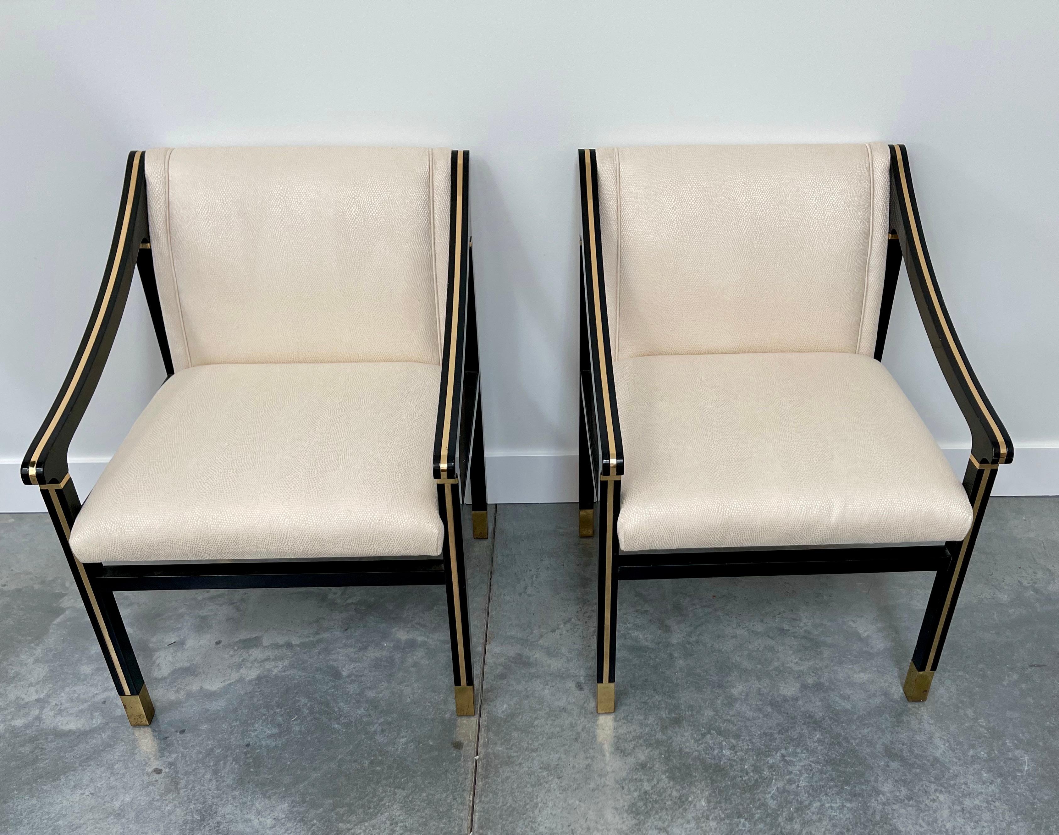 American Mid-Century Modern Mastercraft Black and Brass Chairs, a Pair