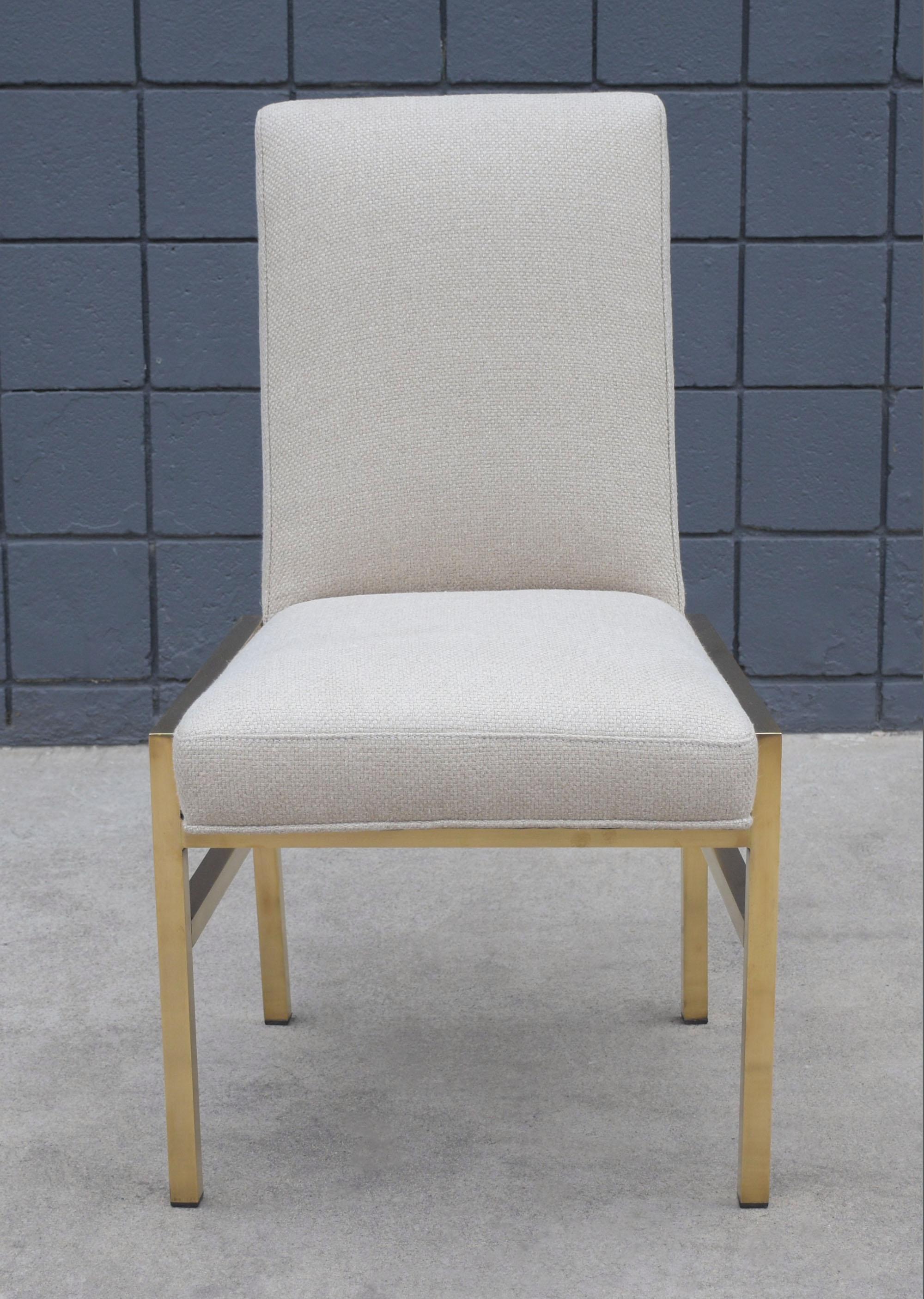 Lacquer Restored Mastercraft Mid-Century Brass Side Chairs with Beige Wool Upholstery For Sale