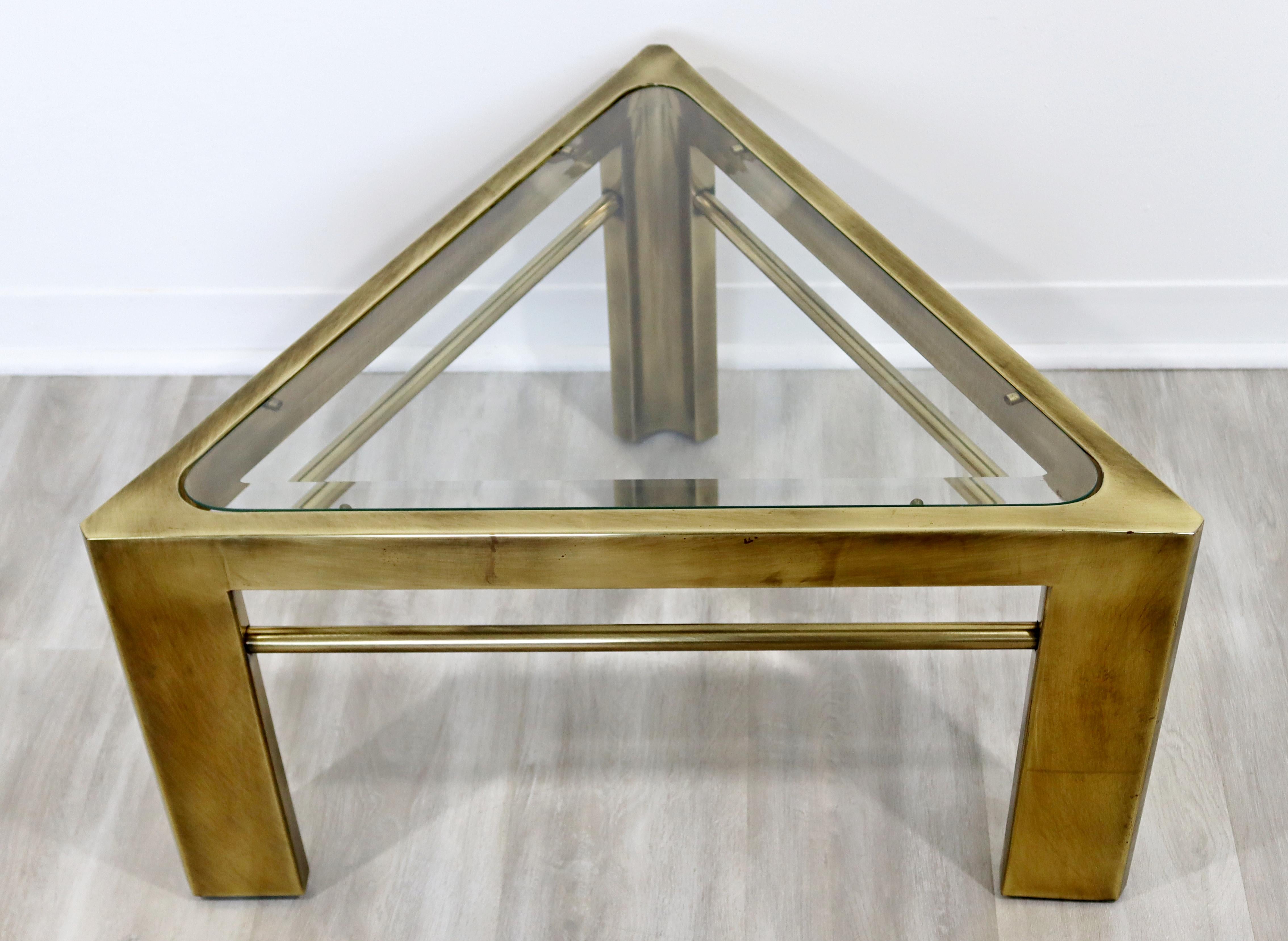 Mid-Century Modern Mastercraft Brass & Glass Triangle Side End Table 1960s 1