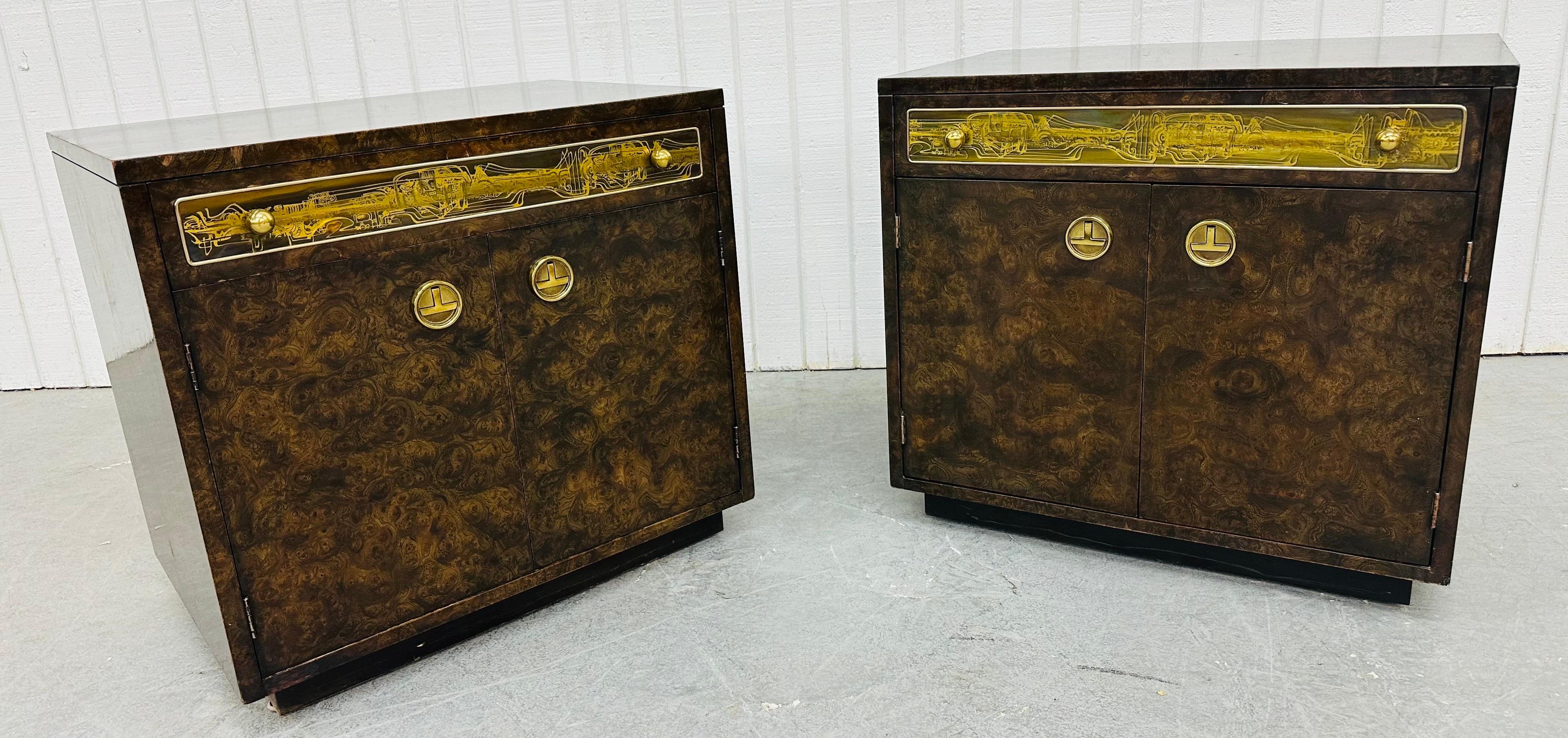 This listing is for a pair of Mid-Century Modern Mastercraft Nightstands. Featuring a straight line cube design, single drawer with original brass hardware, a beautiful brass inlay, two doors that open up to storage space, original hanging brass