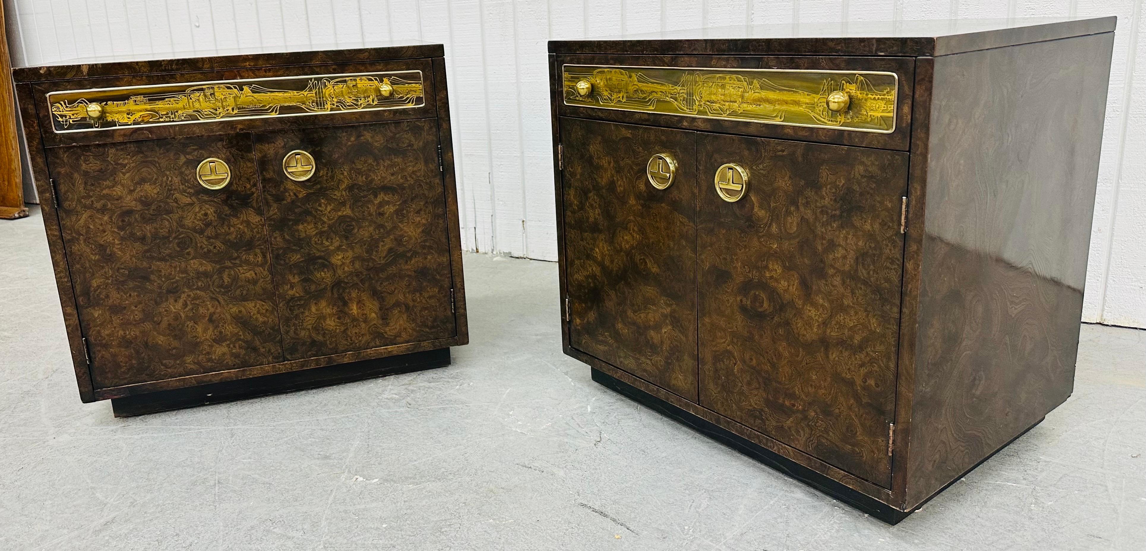 American Mid-Century Modern Mastercraft Burled Wood & Brass Nightstands - Set of 2 For Sale