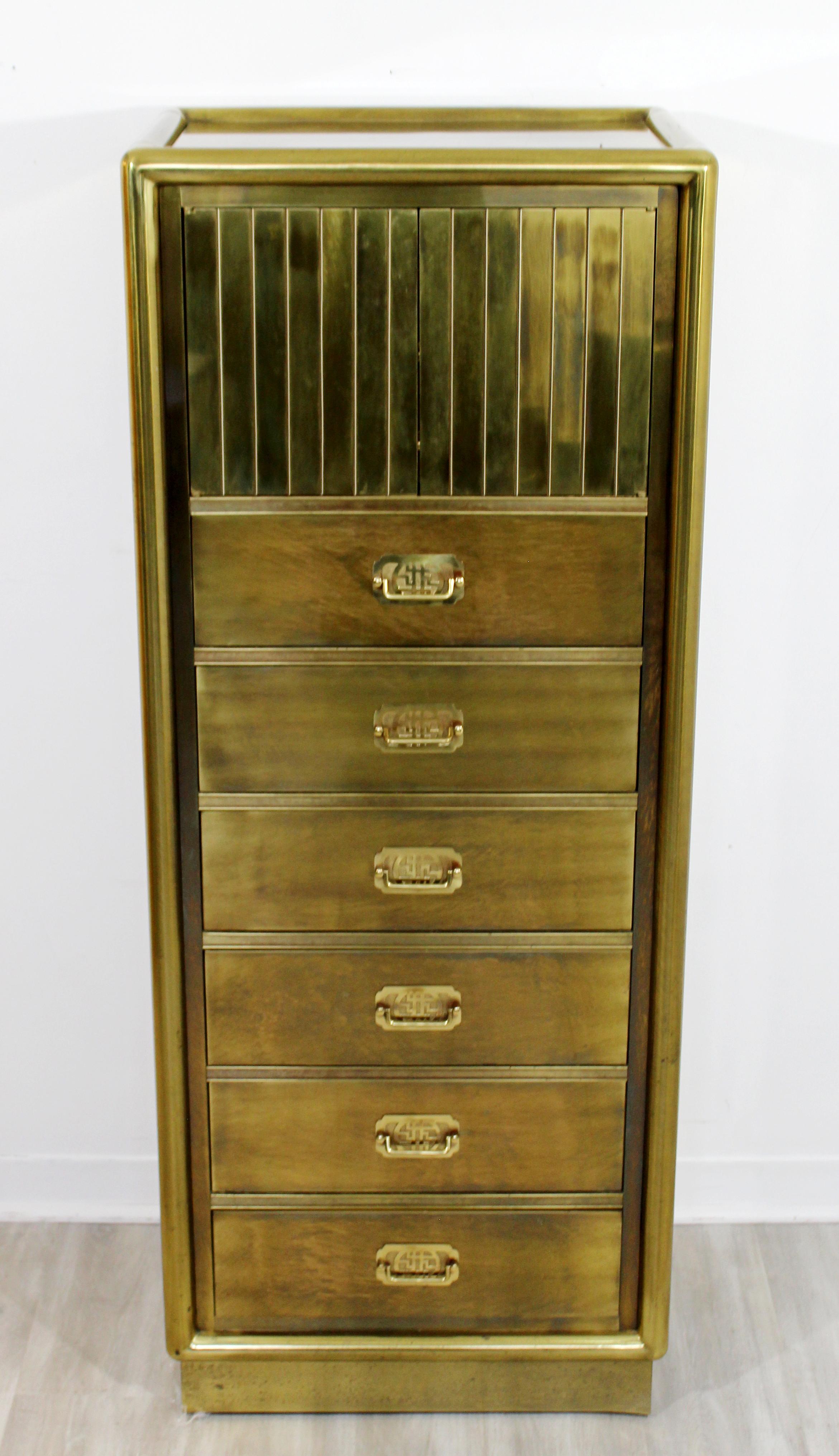 For your consideration is an enchanting, acid etched brass lingerie cabinet, by Mastercraft, circa 1970s. In excellent vintage condition. The dimensions are 23.25