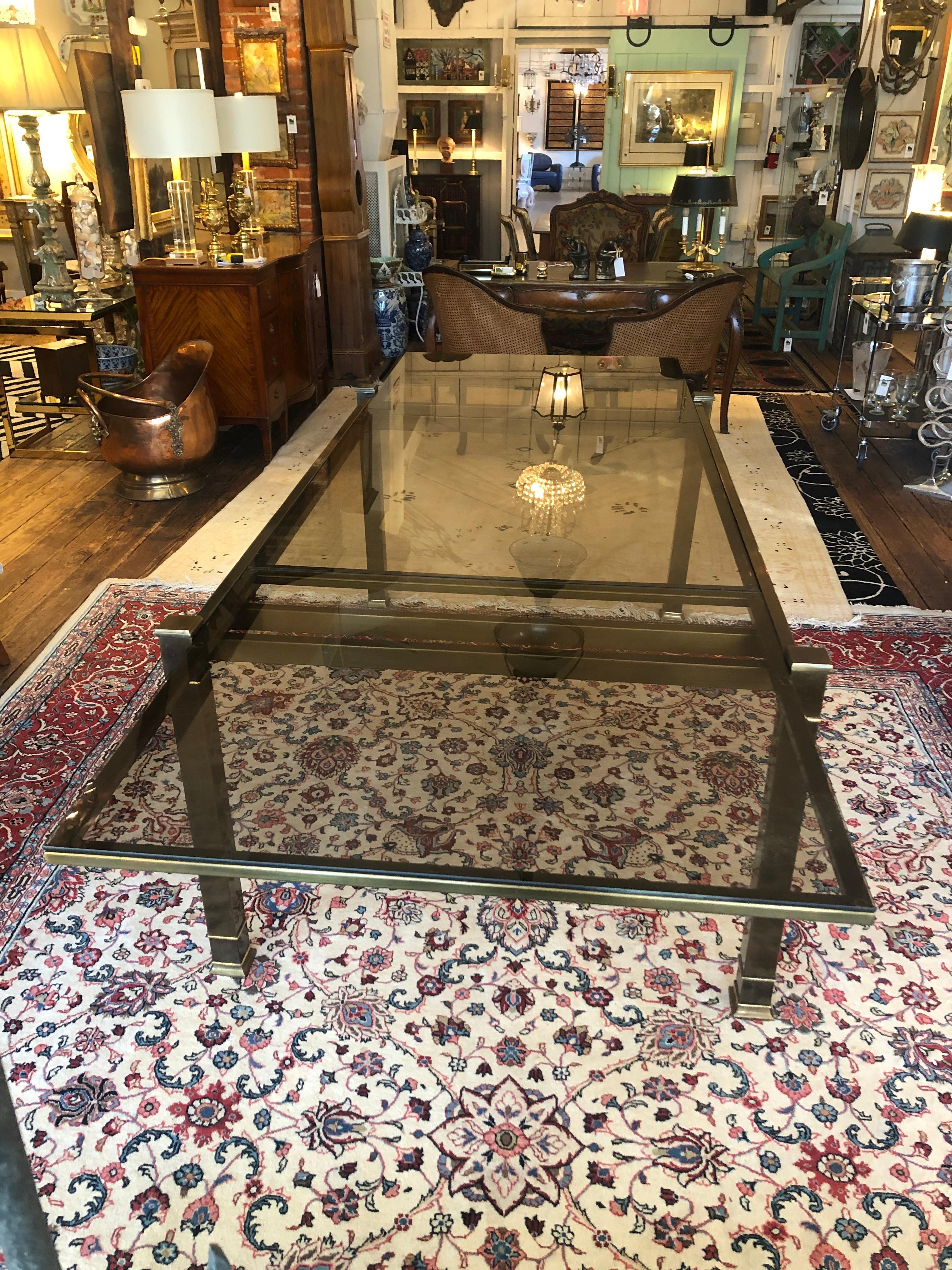 Mid-Century Modern Mastercraft Style Brass & Glass Expandable Dining Table 2