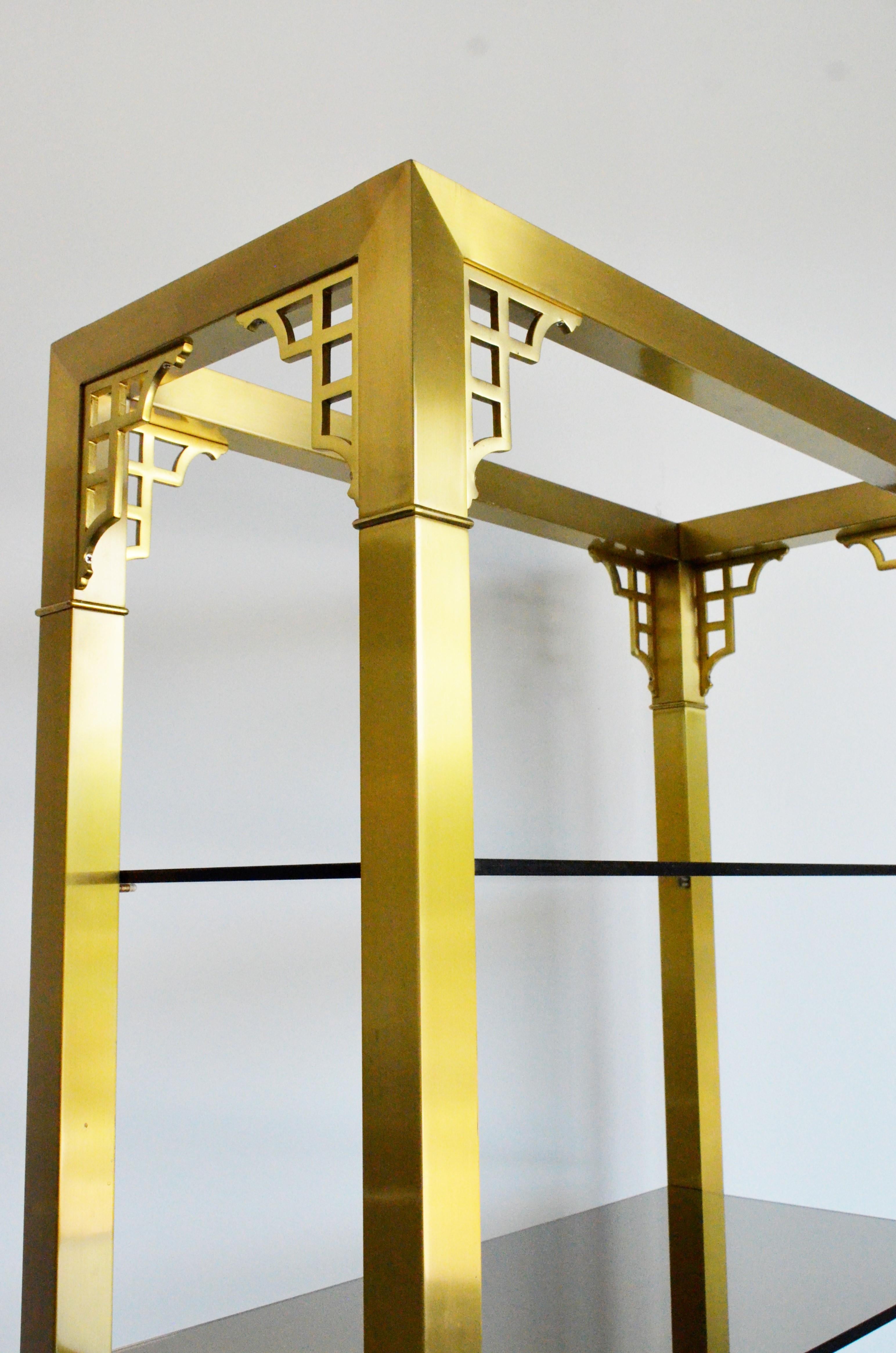 Chinoiserie Mastercraft Style Brass with Smoked & Mirrored Glass Shelves Étagère 1