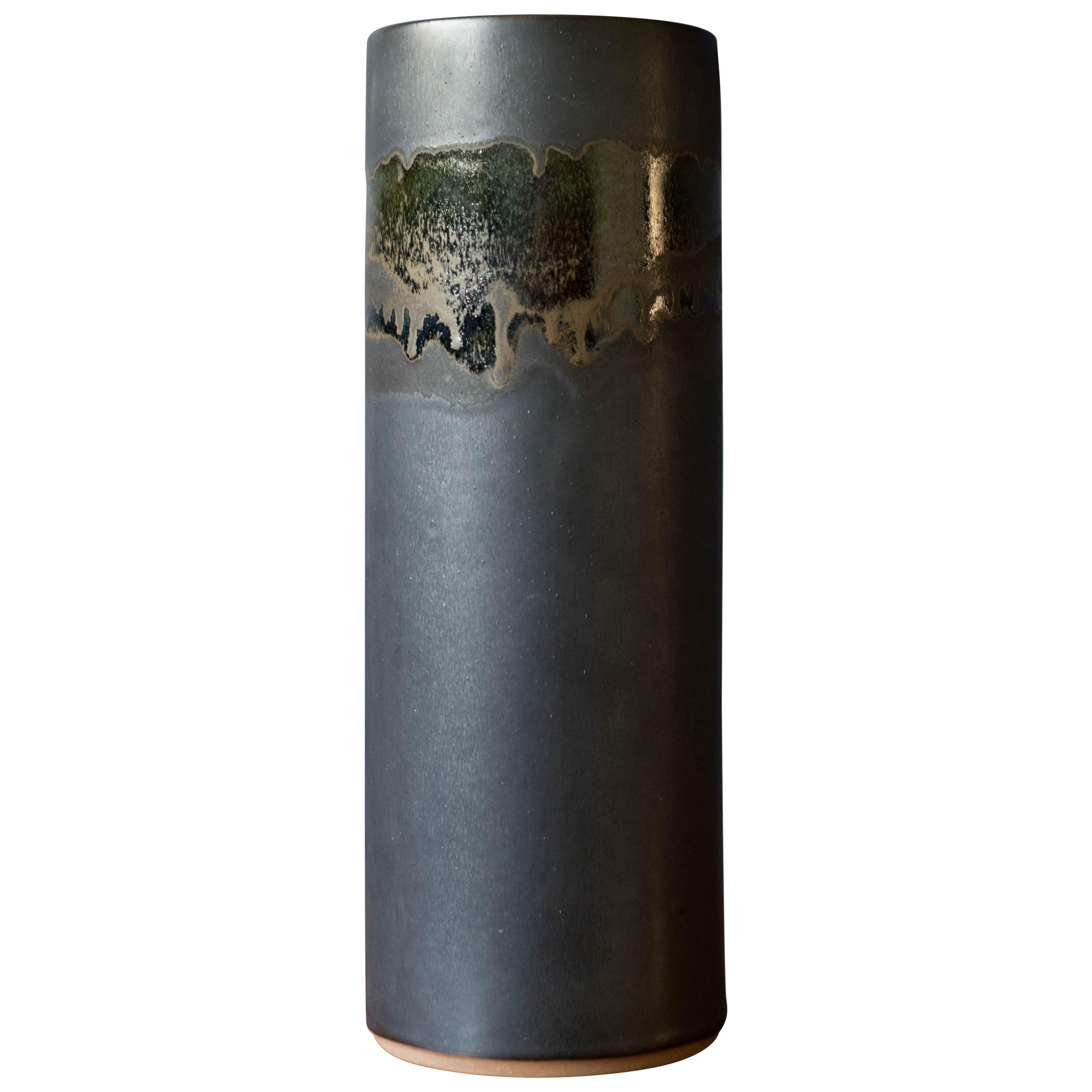 Mid Century Modern Matte Blue Ceramic Drip Cylinder Pottery Vase