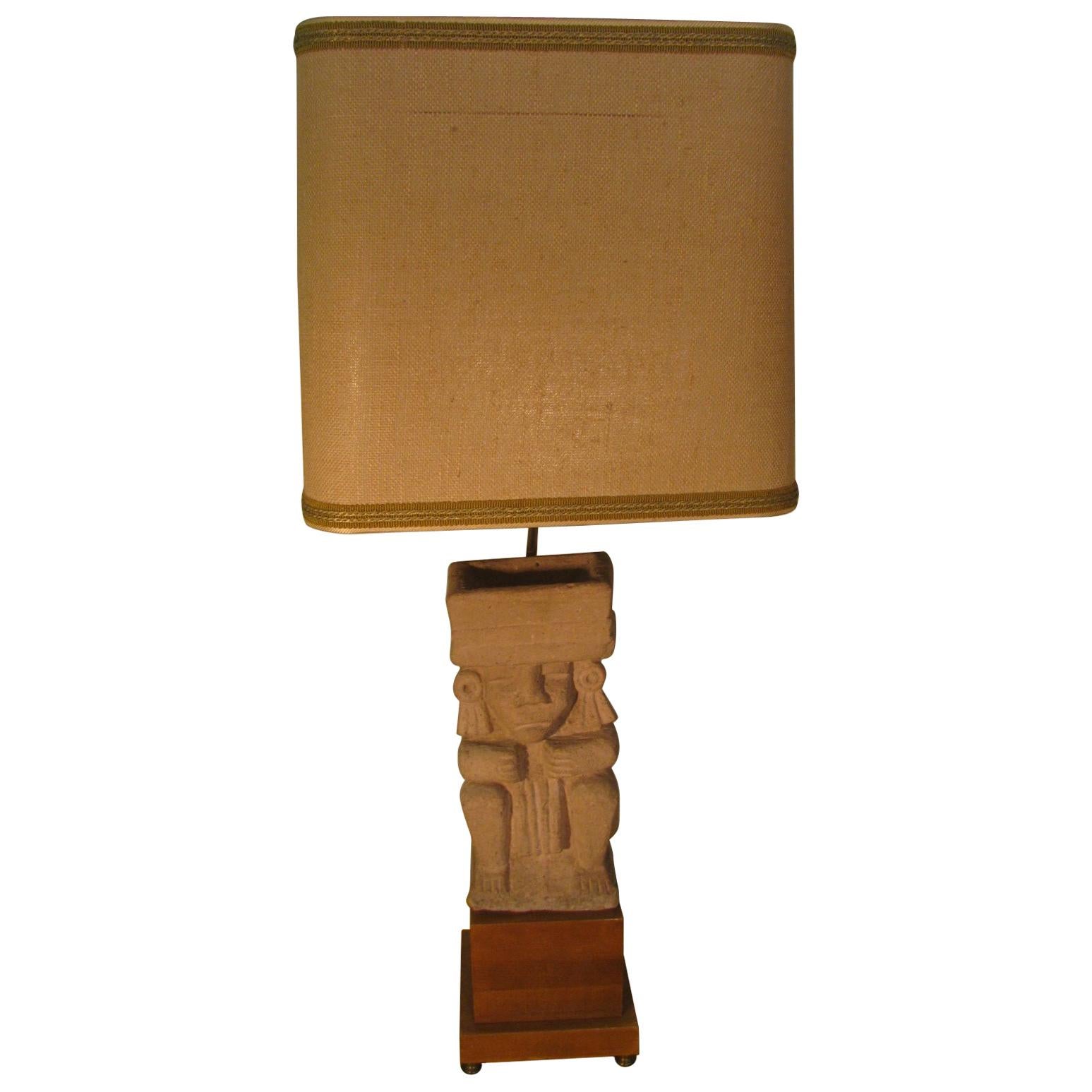 Mid-Century Modern Mayan Cast Stone Figural Table Lamp