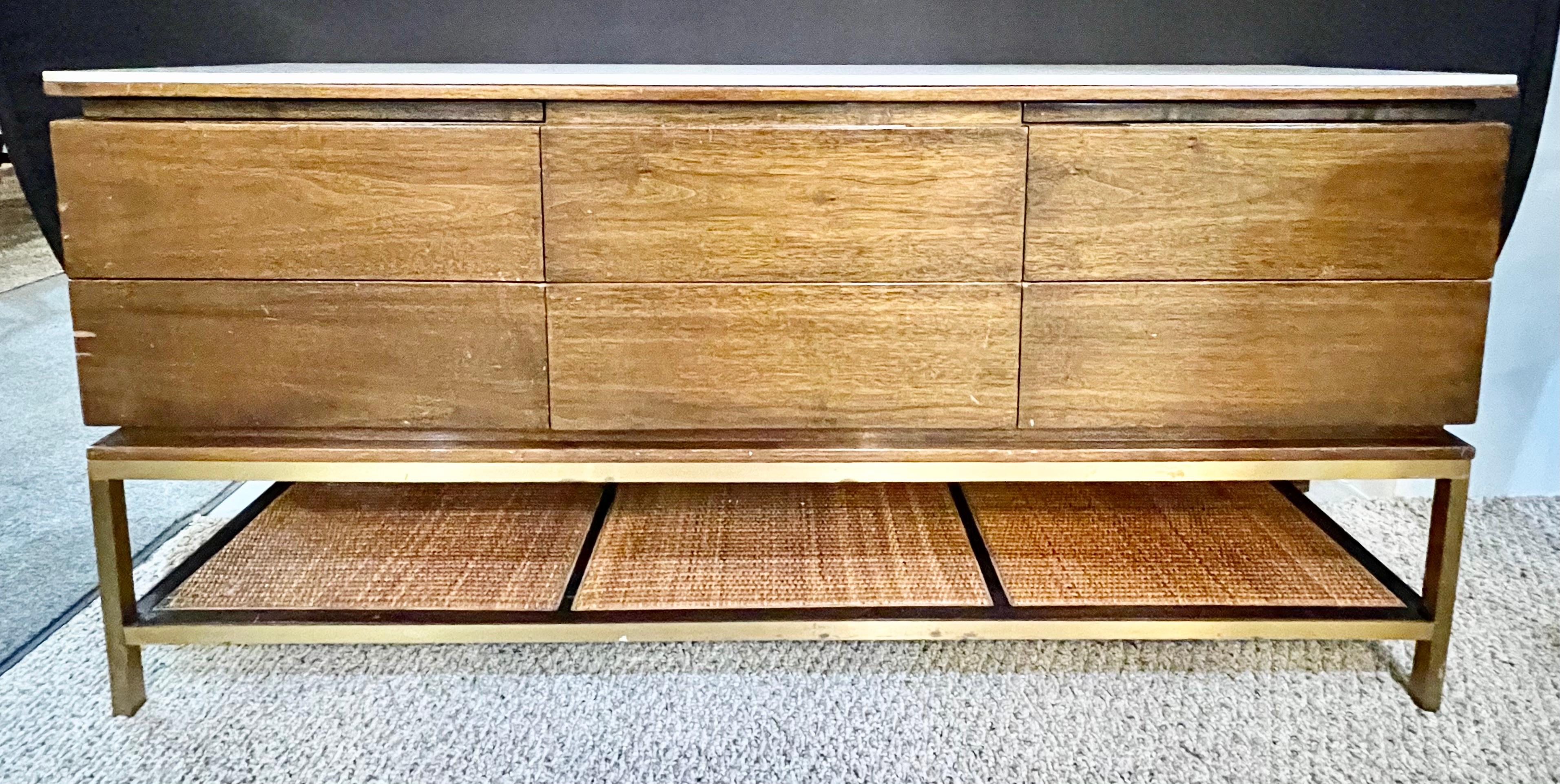 Mid-Century Modern McCobb Cabinet with Glass Top Brass Frame and Caning In Good Condition In Stamford, CT