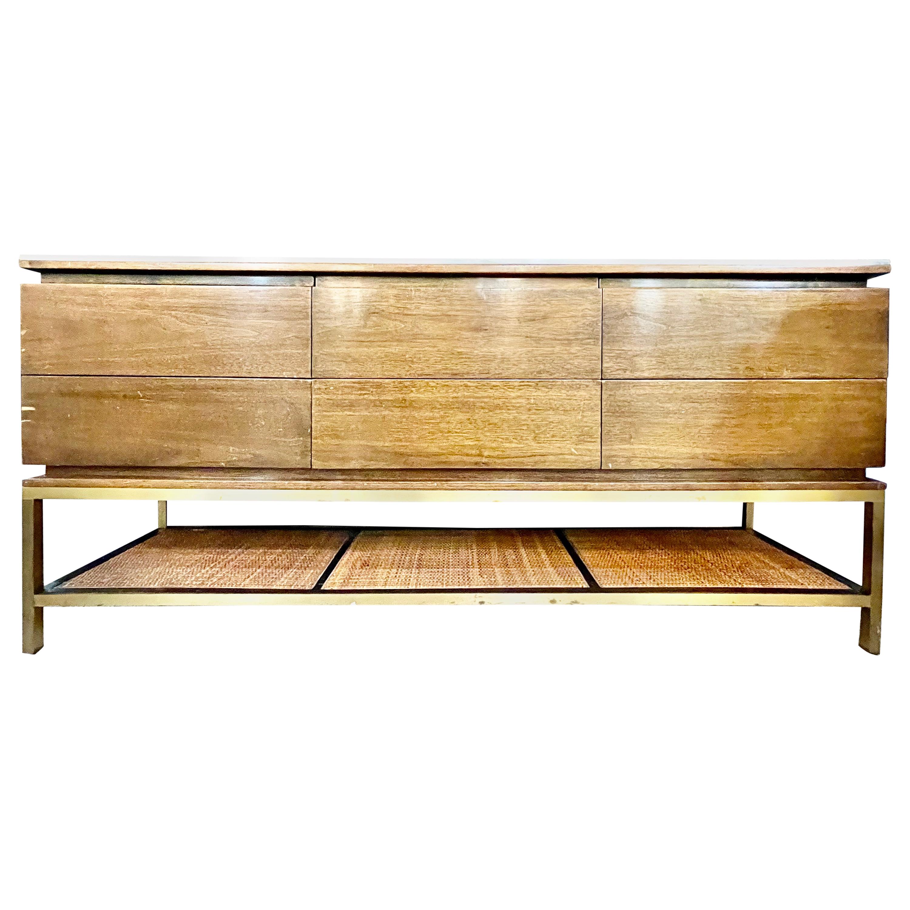 Mid-Century Modern McCobb Cabinet with Glass Top Brass Frame and Caning