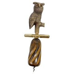 Mid-Century Modern Mechanical Brass and Wood Corkscrew with Molded Owl Figure