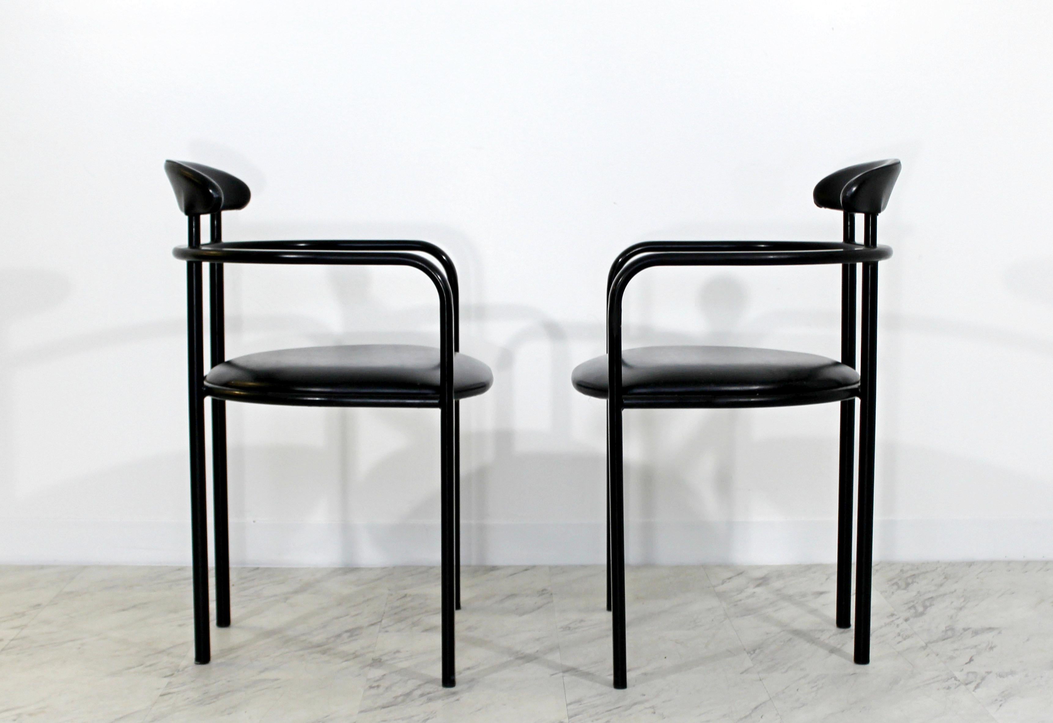 American Mid-Century Modern Memphis Loewenstein 6 Black Leather Dining Armchairs 1970s