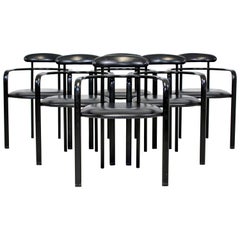 Mid-Century Modern Memphis Loewenstein 6 Schwarze Leder Esstischsessel 1970er