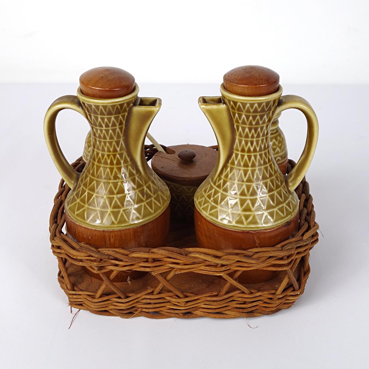 Modernes Menage-Set aus Keramik und Olivenholz aus der Mitte des Jahrhunderts (20. Jahrhundert) im Angebot