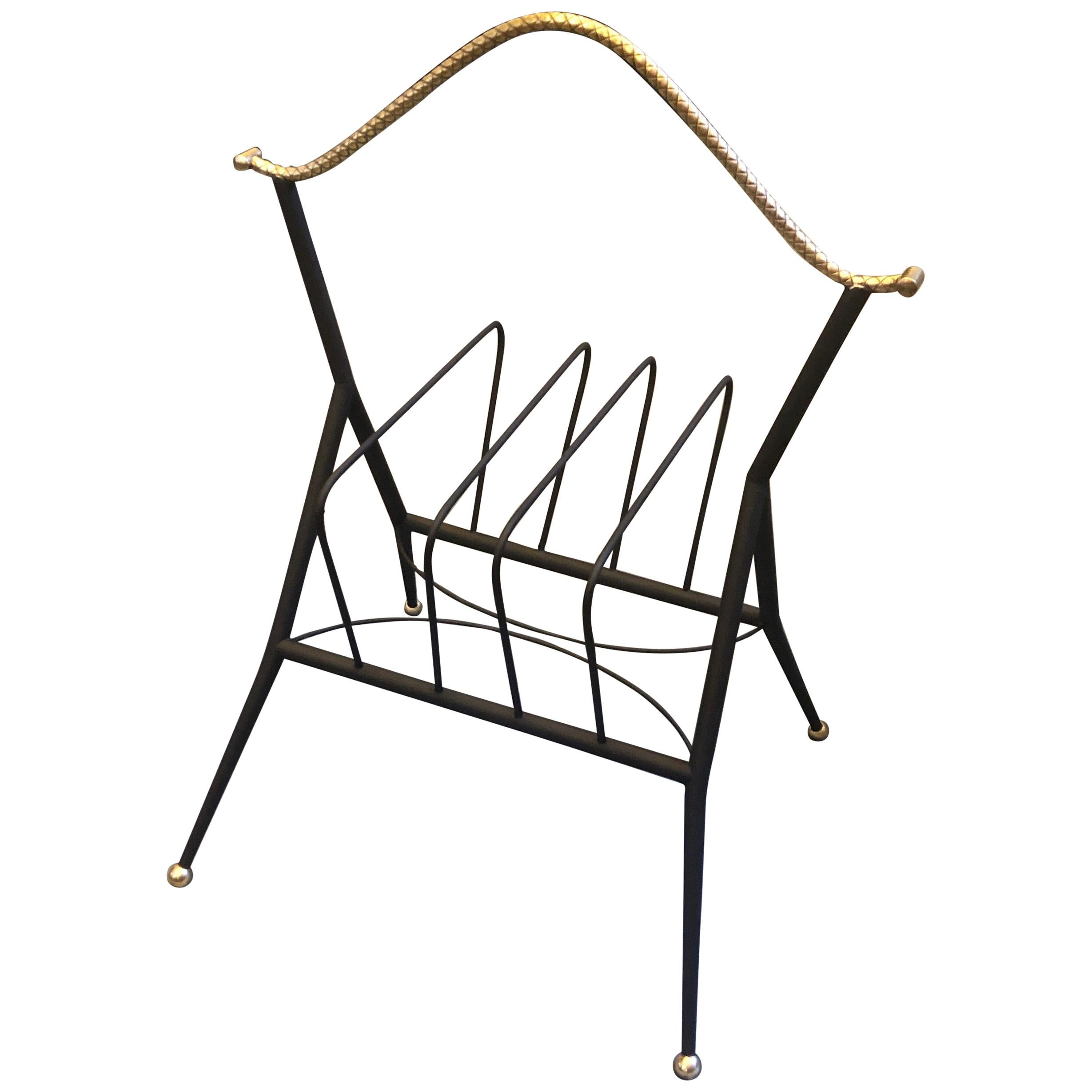 1950s Mid-Century Modern Black painted Metal and Brass Italian Magazine Rack For Sale