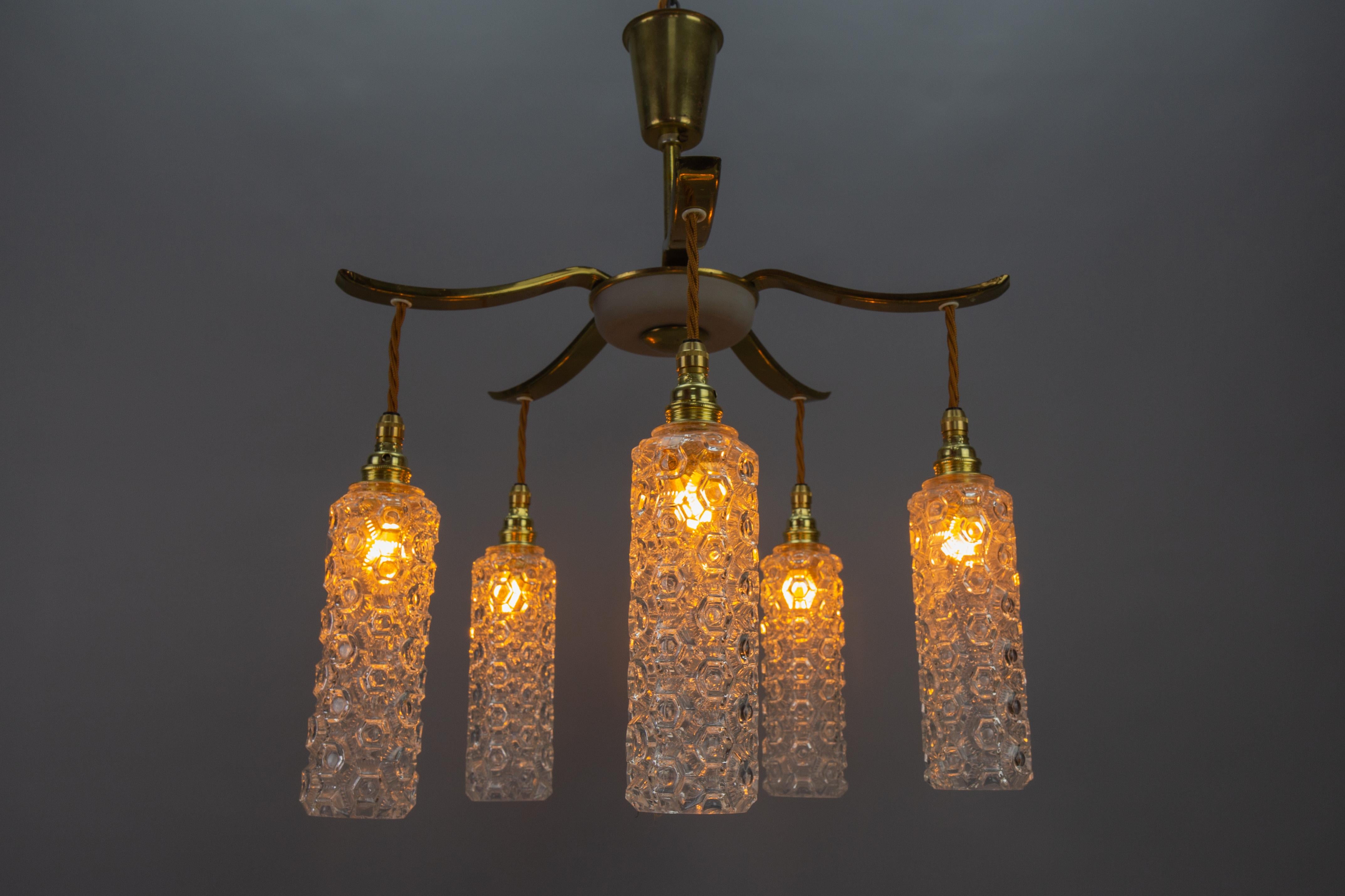 German Mid-Century Modern Metal and Clear Glass Five-Light Pendant Chandelier For Sale