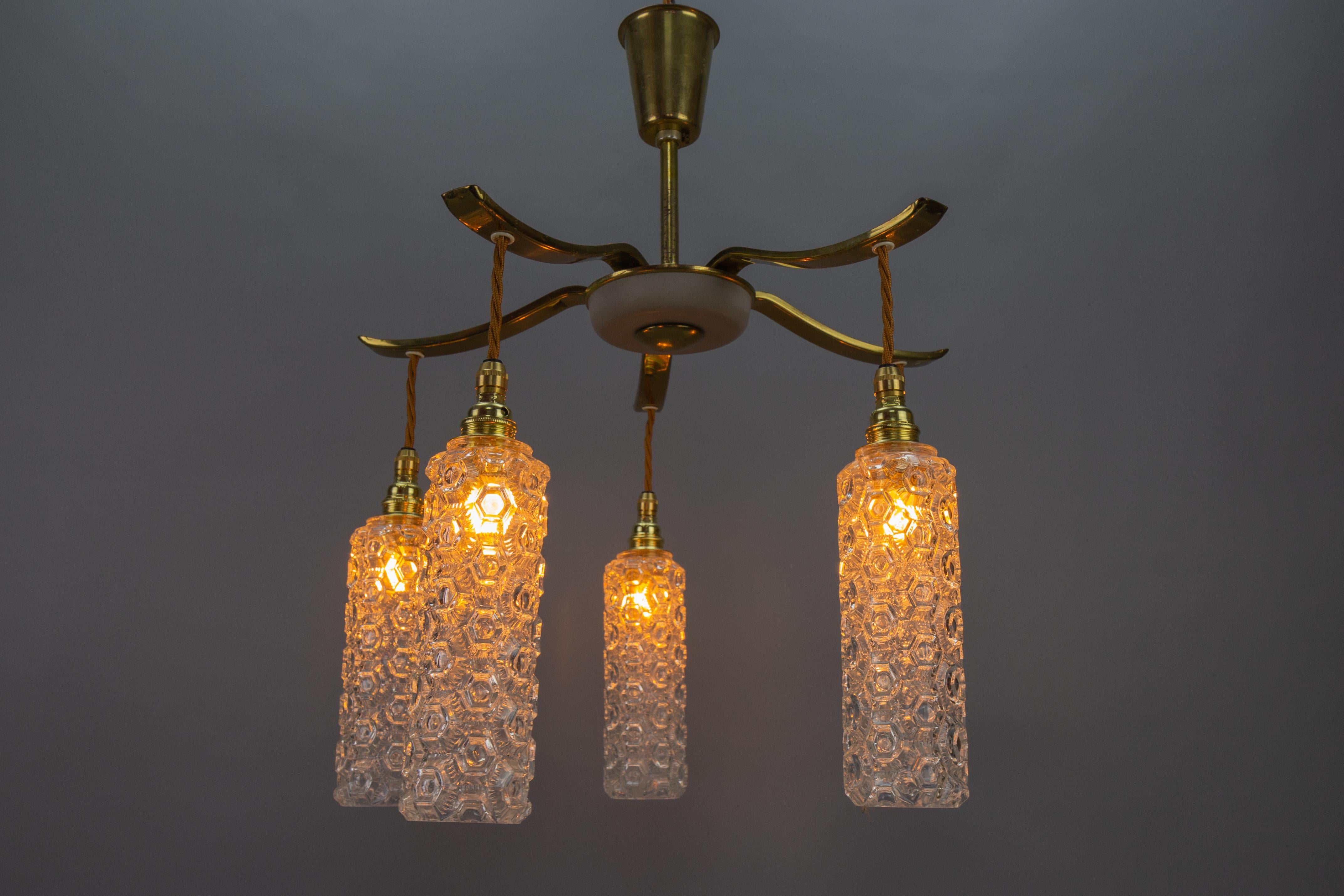 Mid-20th Century Mid-Century Modern Metal and Clear Glass Five-Light Pendant Chandelier For Sale