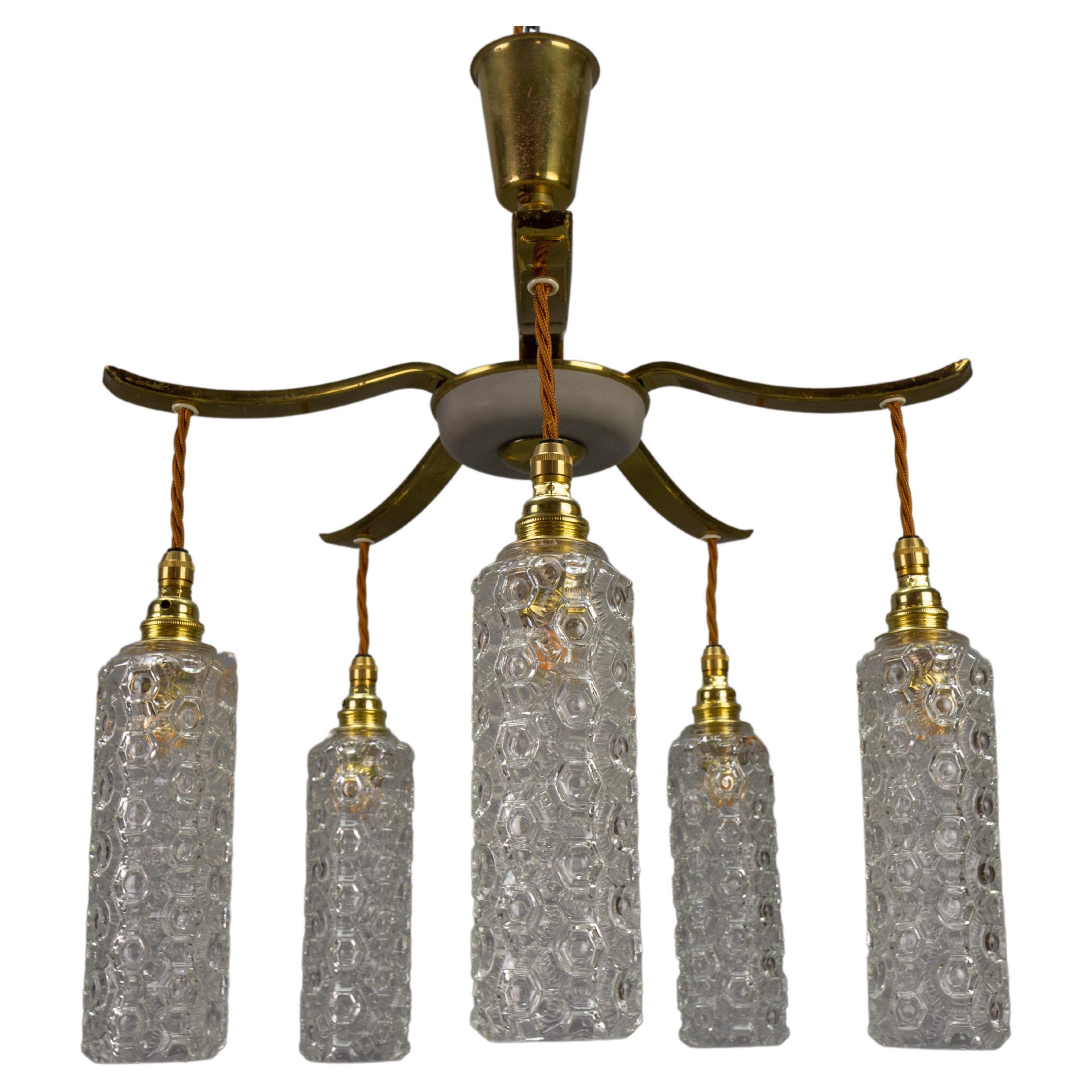 Mid-Century Modern Metal and Clear Glass Five-Light Pendant Chandelier For Sale