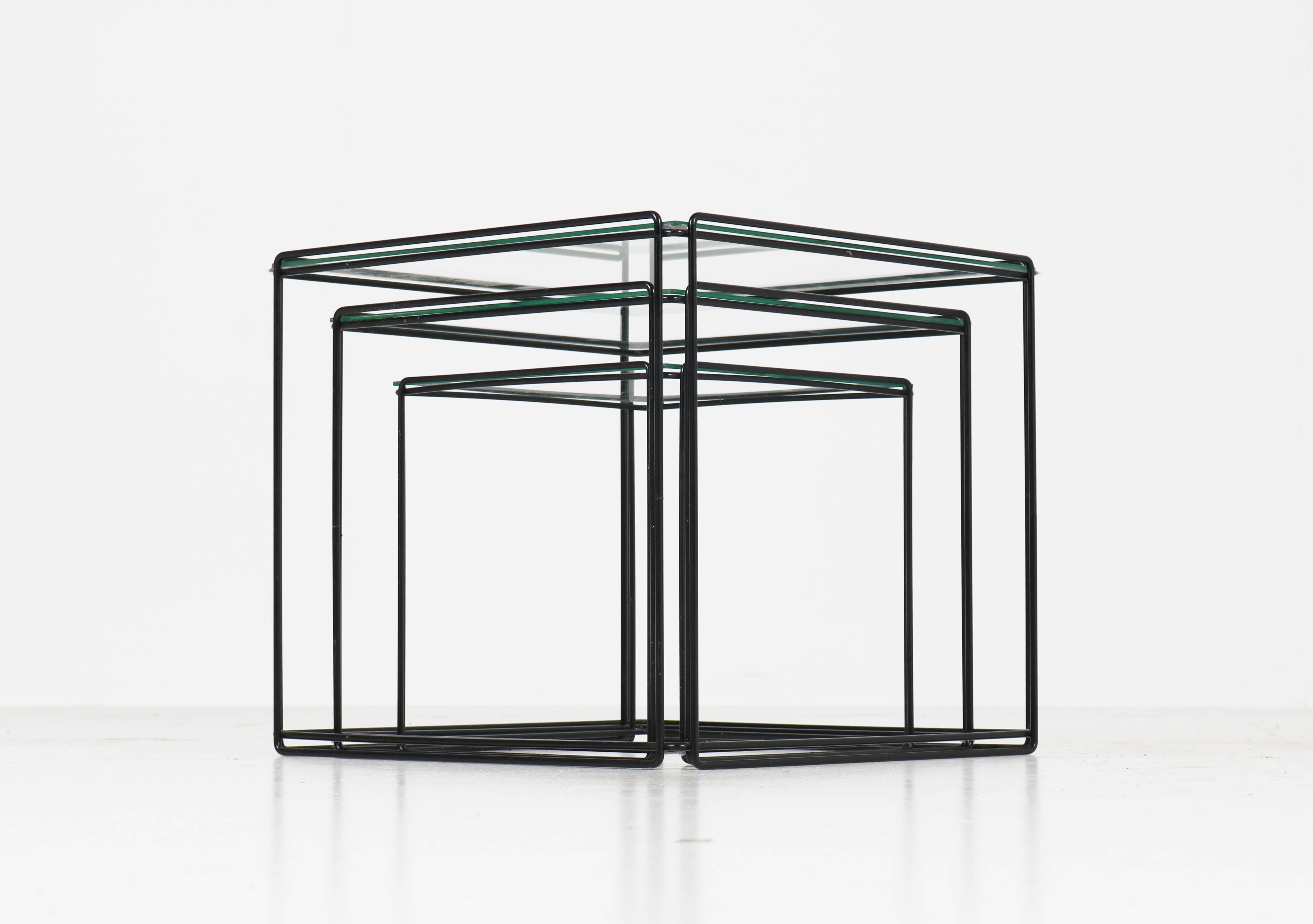 Wonderful set of three Mid-Century Modern nesting tables.
Design by Max Sauze.
Striking French design from the 1970s.
Black lacquered metal frames with glass tops.
In good original condition with minor wear consistent with age and