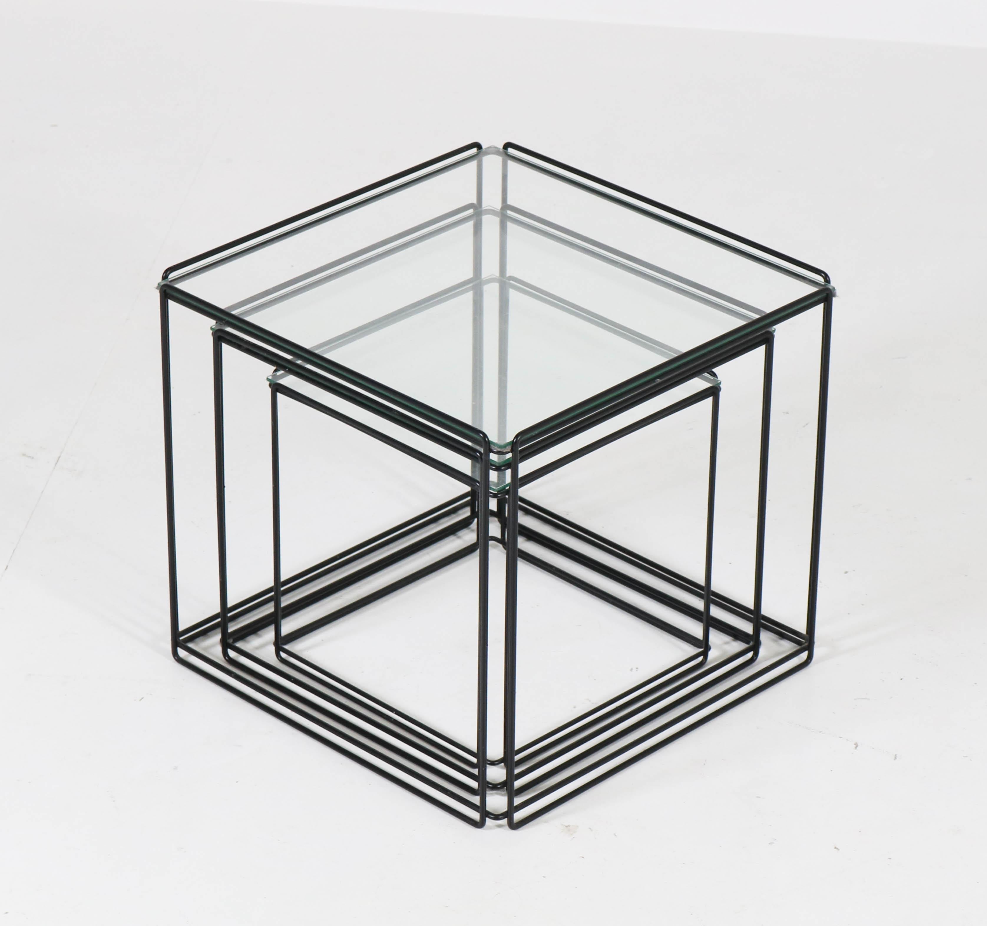 French Mid-Century Modern Metal and Glass Nesting Tables by Max Sauze, 1970s