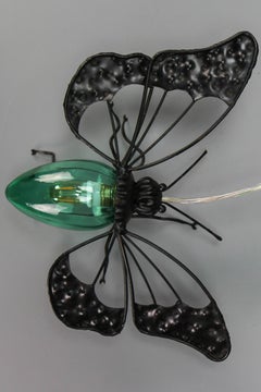 Mid-Century Modern Metal and Green Murano Glass Wall Lamp Butterfly, Italy