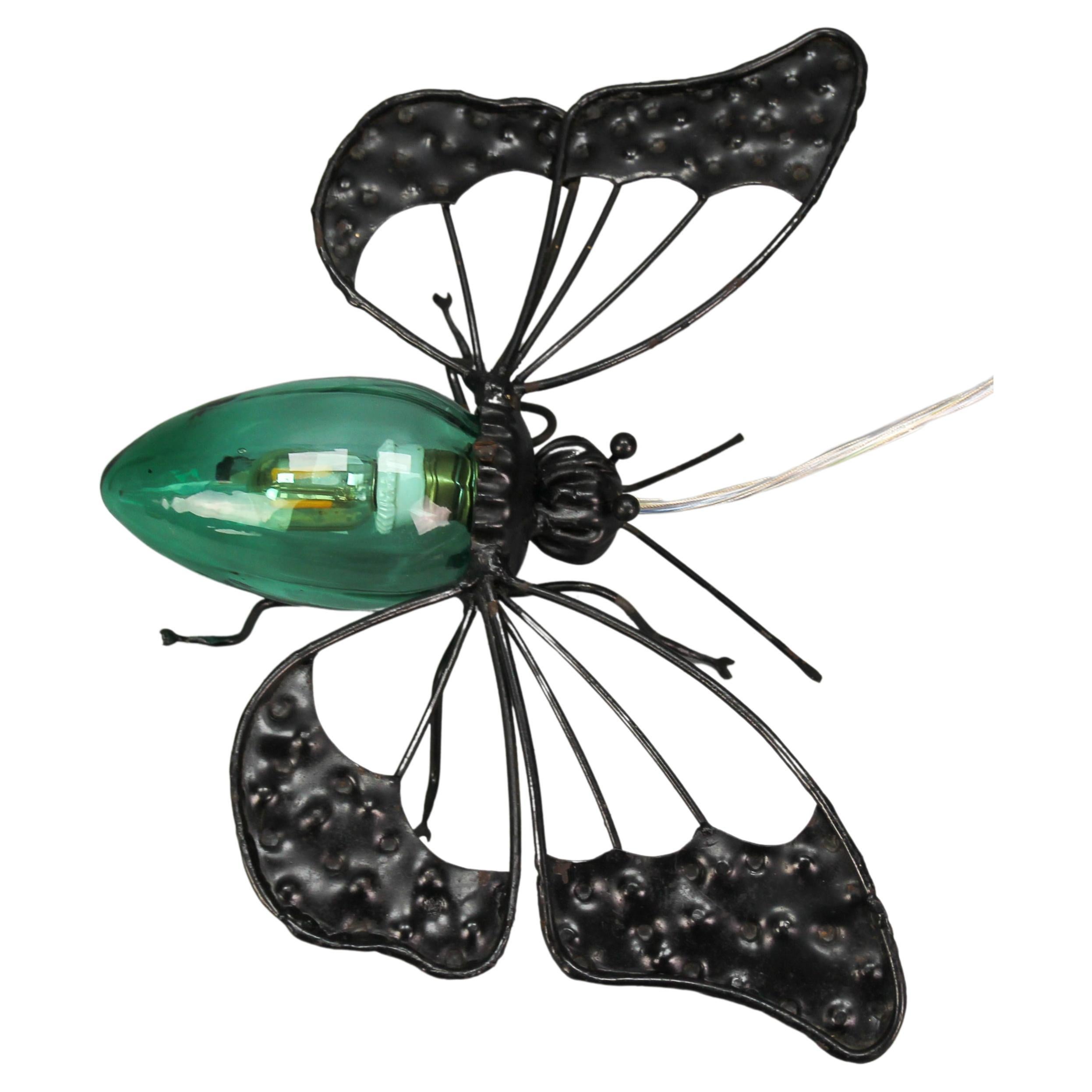 Mid-Century Modern Metal and Green Murano Glass Wall Lamp Butterfly, Italy For Sale