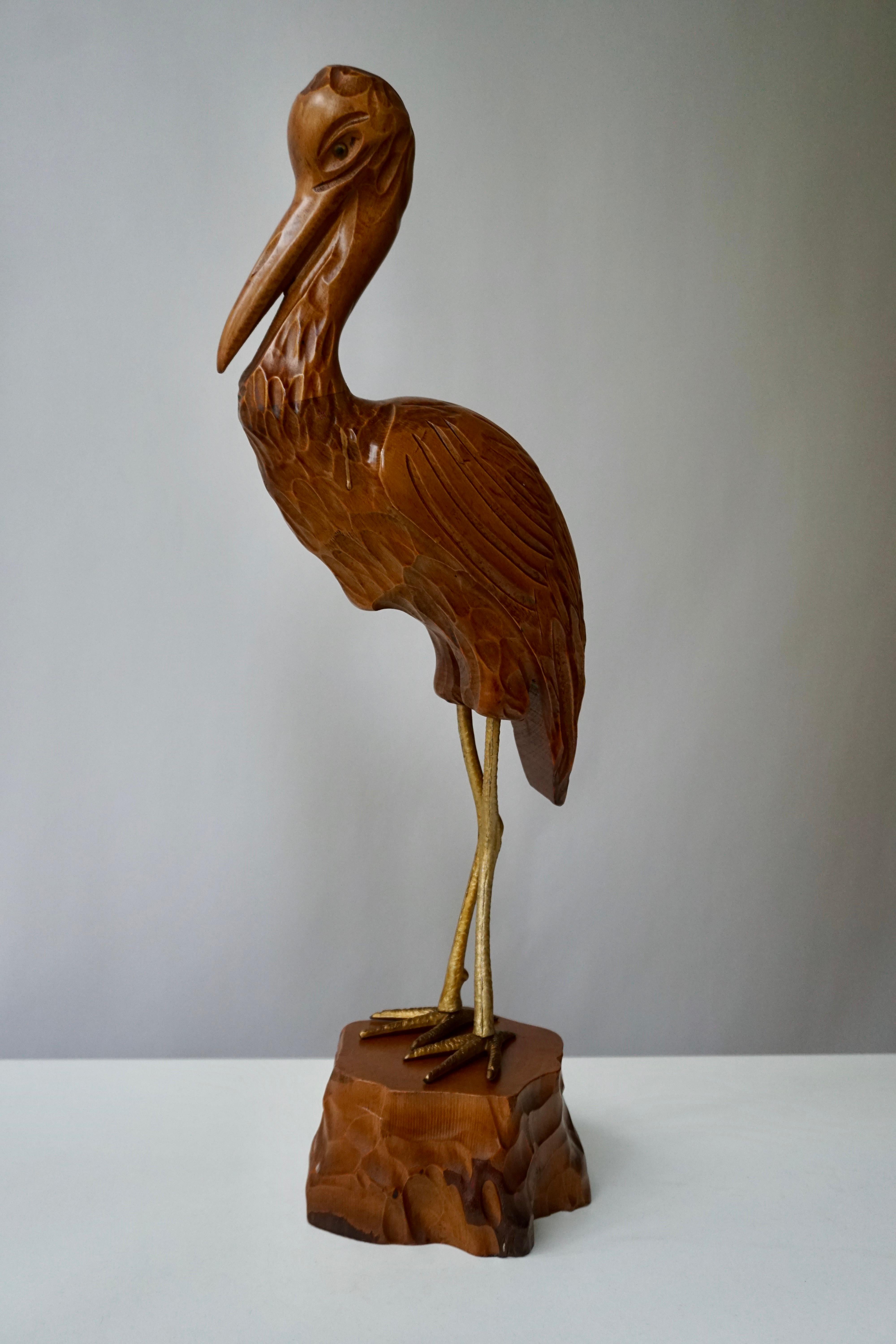 Brass Mid-Century Modern Metal and Wood Ibis Bird Sculptures For Sale