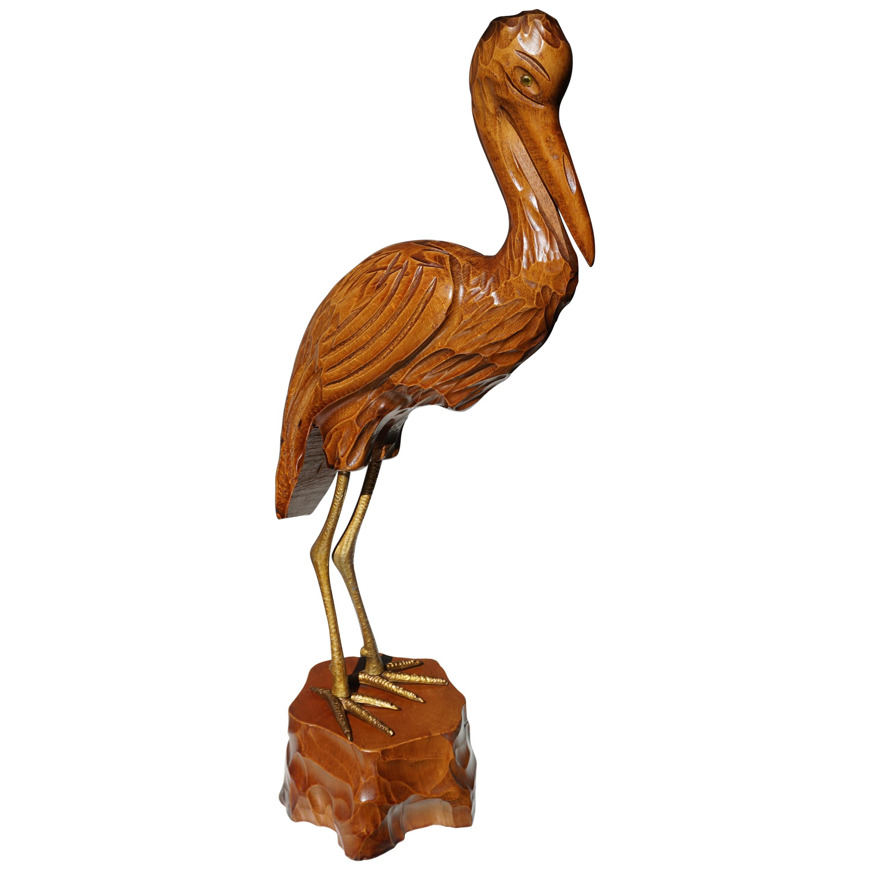 Mid-Century Modern Metal and Wood Ibis Bird Sculptures For Sale