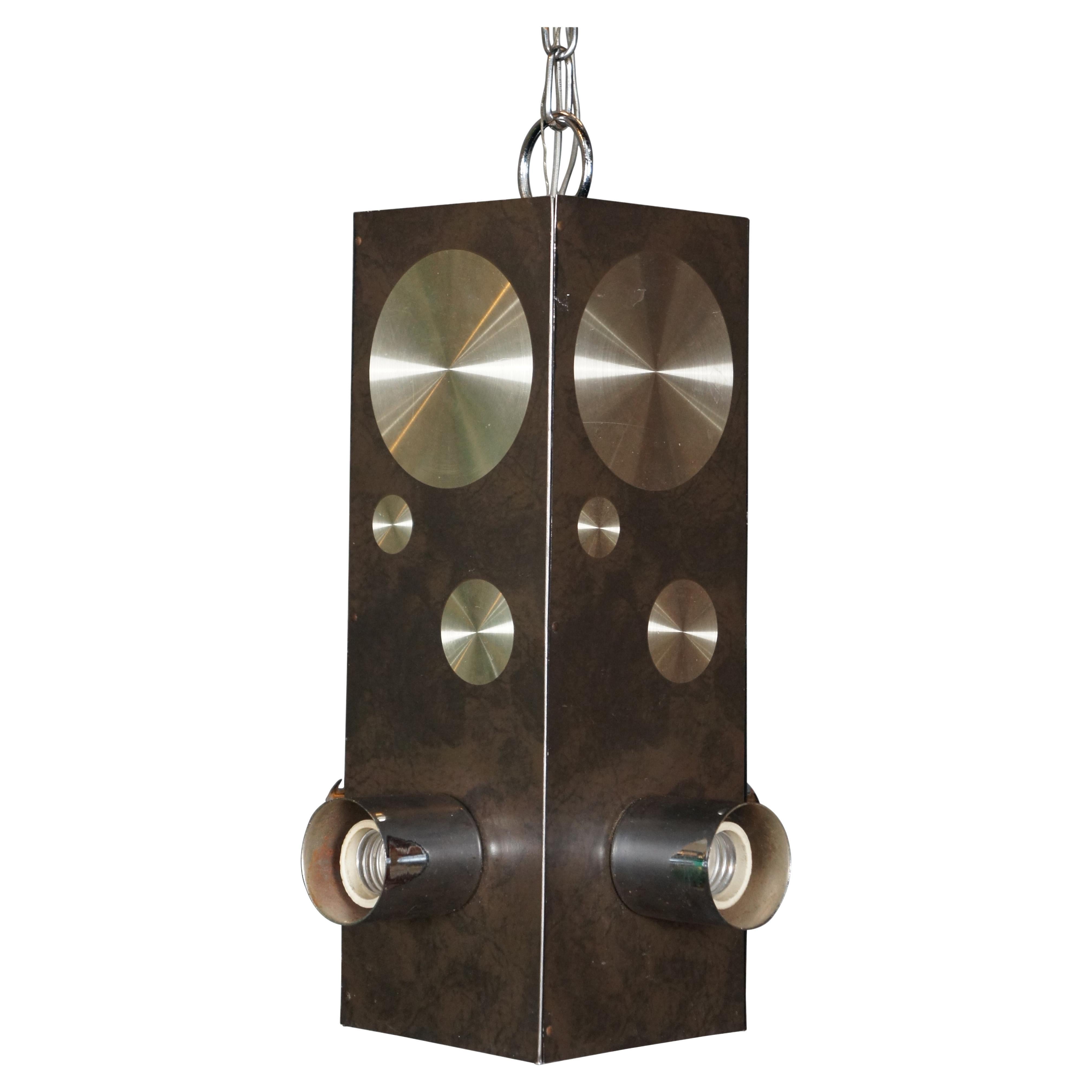 Rare mid century / retro / atomic / modernist stoplight style pendant light with a brown painted metal rectangular form accented with silver discs and four chrome sockets.