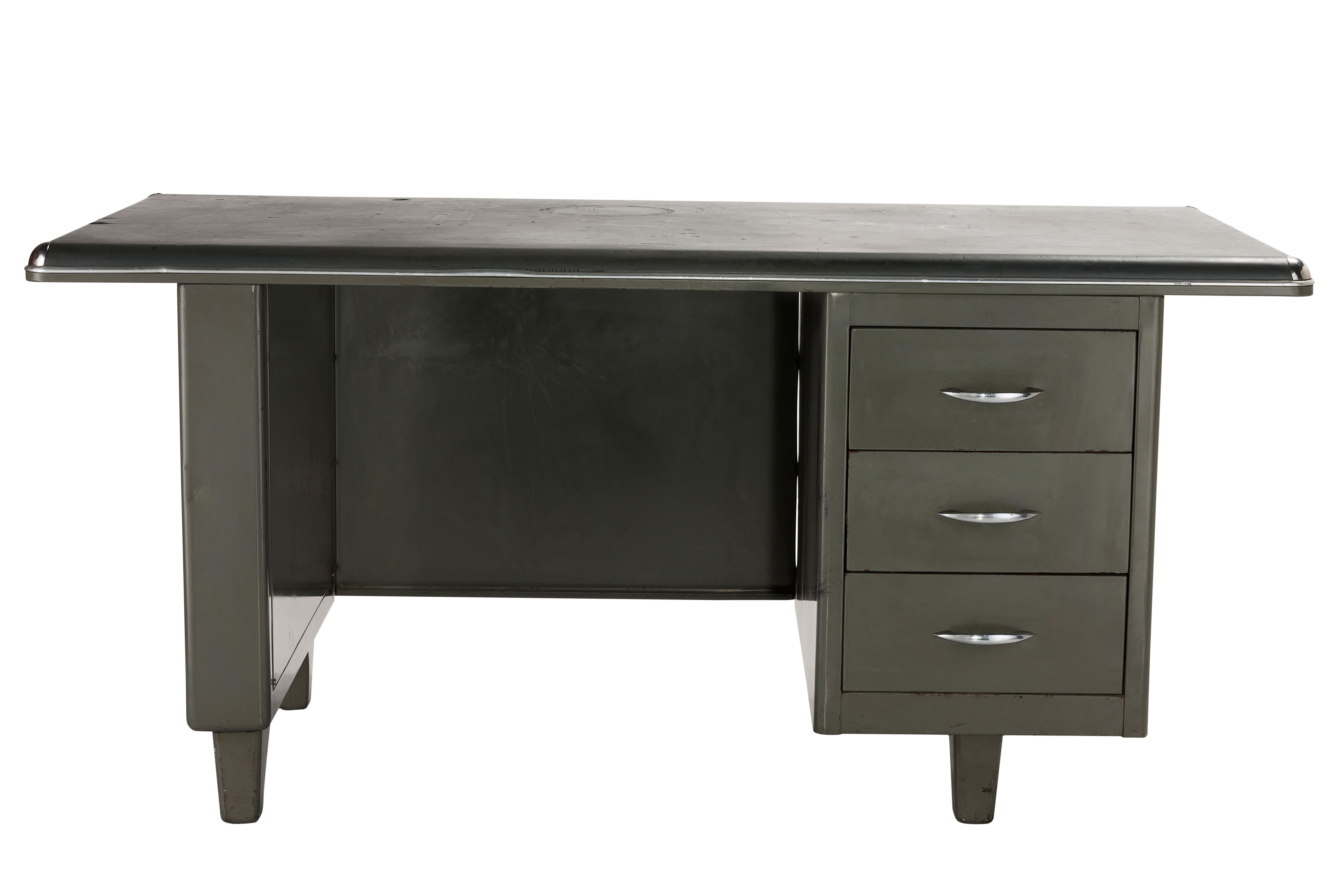 Unrestored tanker steel desk in grey with pontoon style legs. Original feet are adjustable. The item has been sourced from an architectural office operating in South Africa.