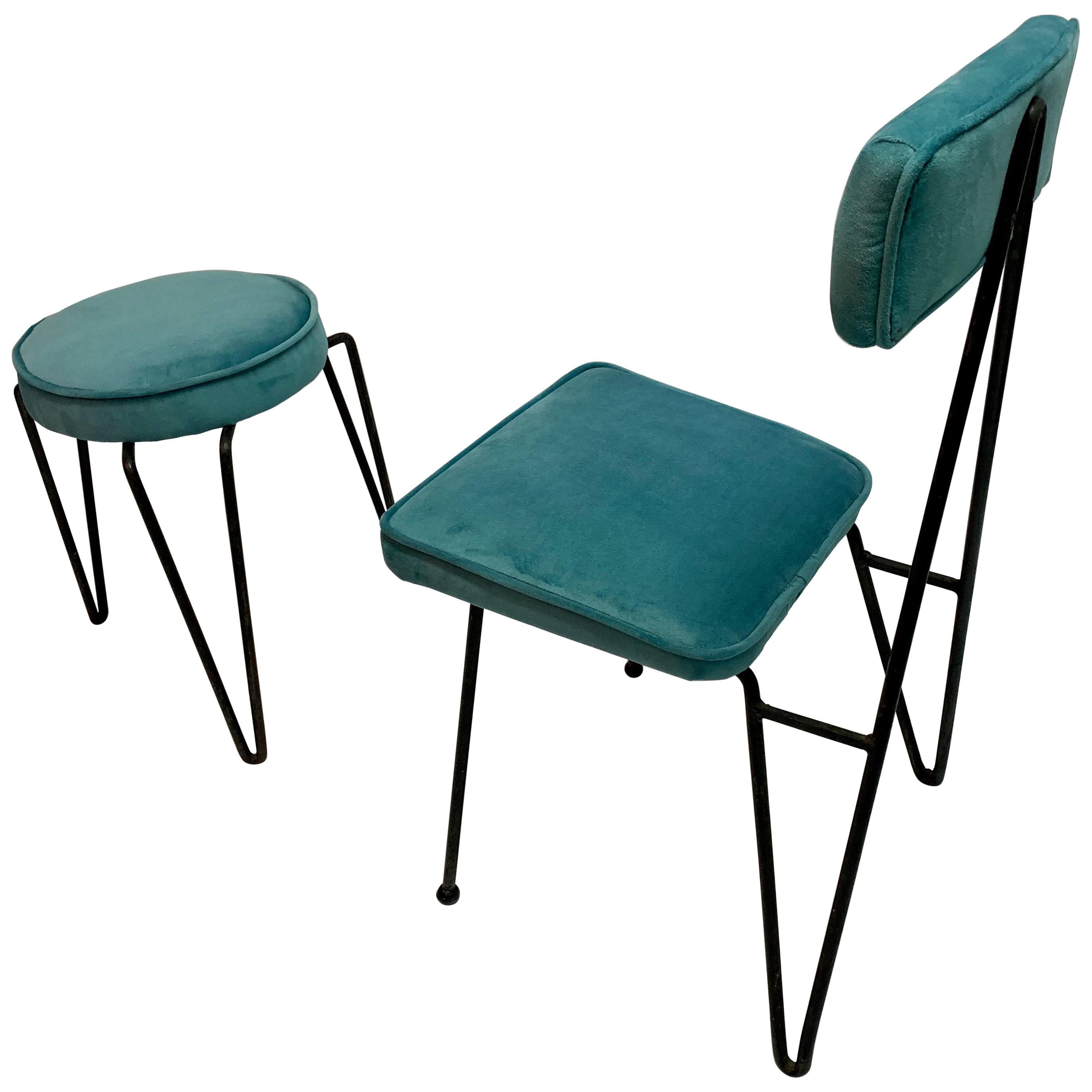 Mid-Century Modern Metal Wire Chair and Ottoman