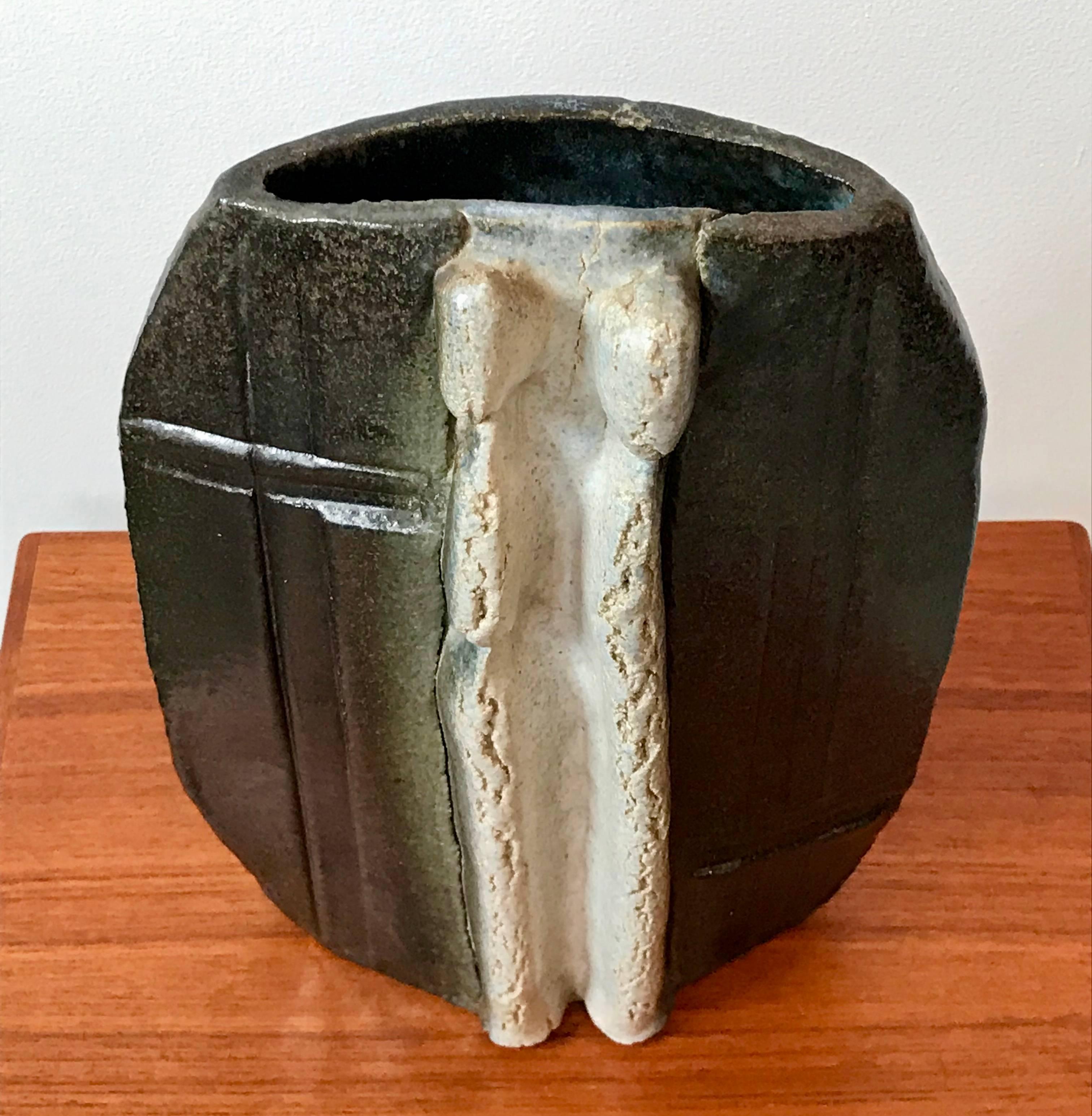 Mid-Century Modern Brutalist Metallic Glazed Ceramic Sculptural Vase, Man and Woman, Mid Century For Sale