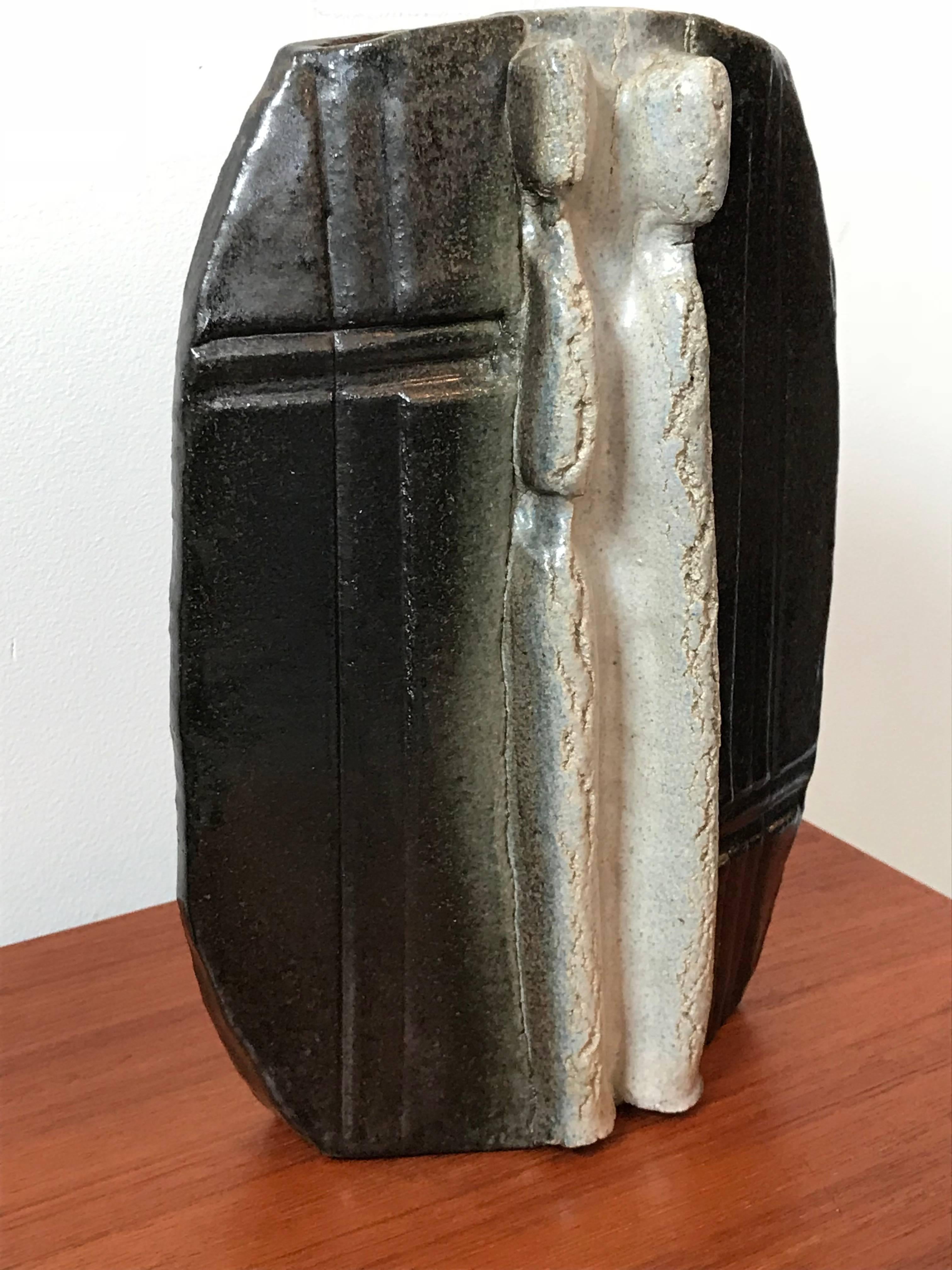 American Brutalist Metallic Glazed Ceramic Sculptural Vase, Man and Woman, Mid Century For Sale