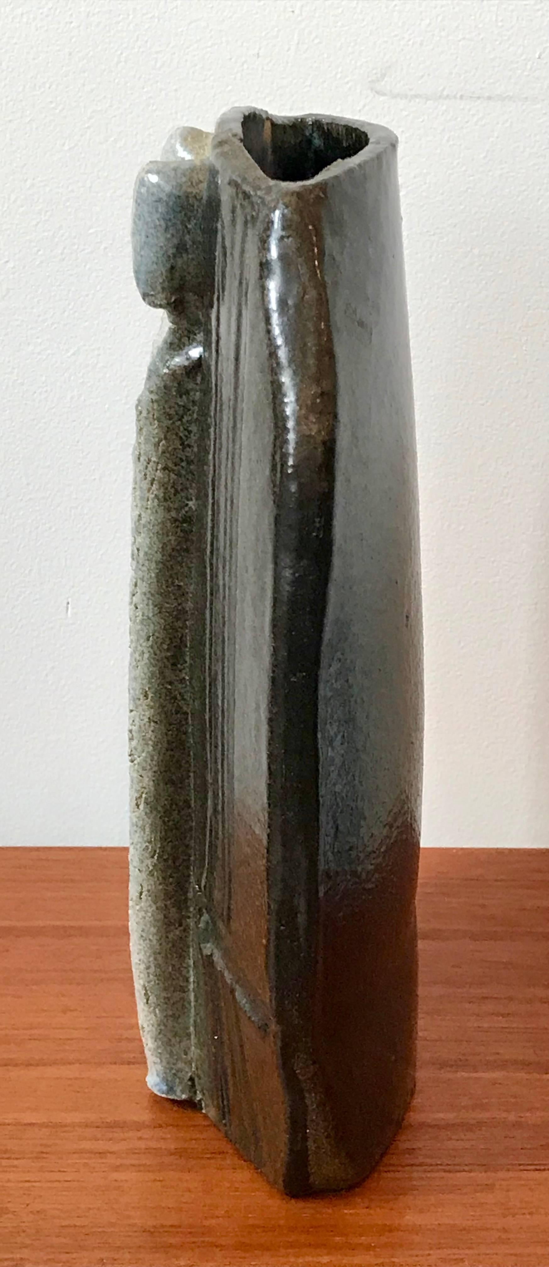 Brutalist Metallic Glazed Ceramic Sculptural Vase, Man and Woman, Mid Century In Good Condition For Sale In Bedford Hills, NY