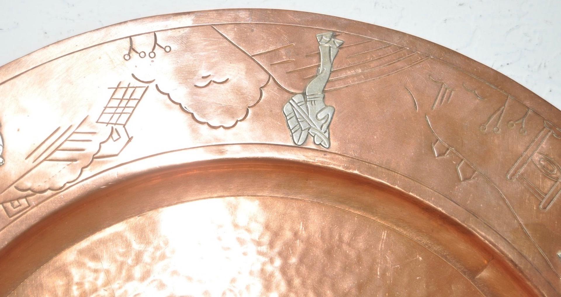 Hammered Mid-Century Modern Mexican Copper Platter with Sterling Figures, circa 1950s For Sale