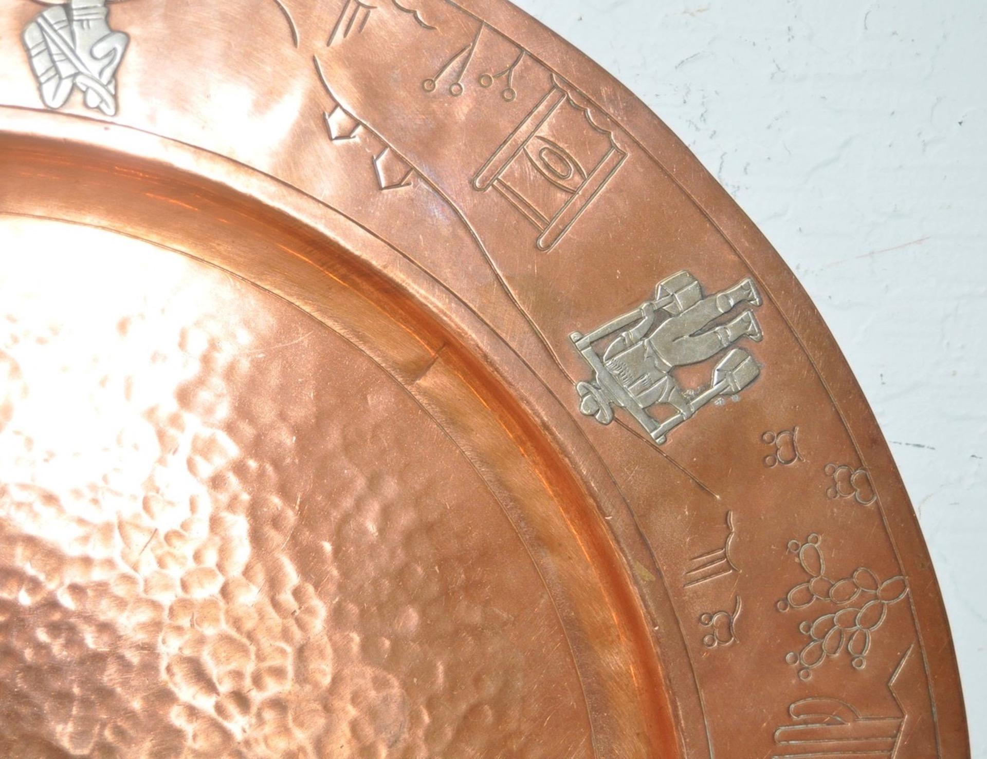 Sterling Silver Mid-Century Modern Mexican Copper Platter with Sterling Figures, circa 1950s For Sale