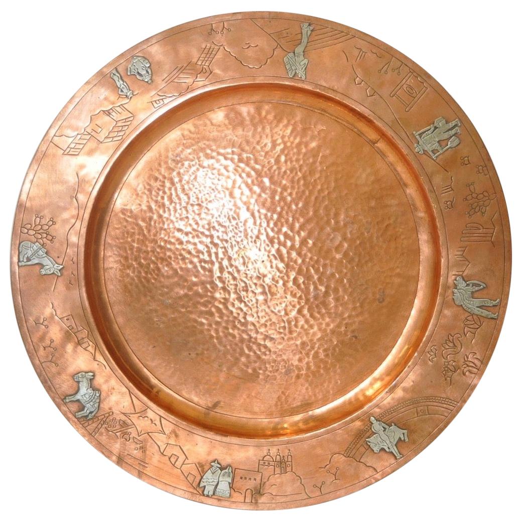 Mid-Century Modern Mexican Copper Platter with Sterling Figures, circa 1950s