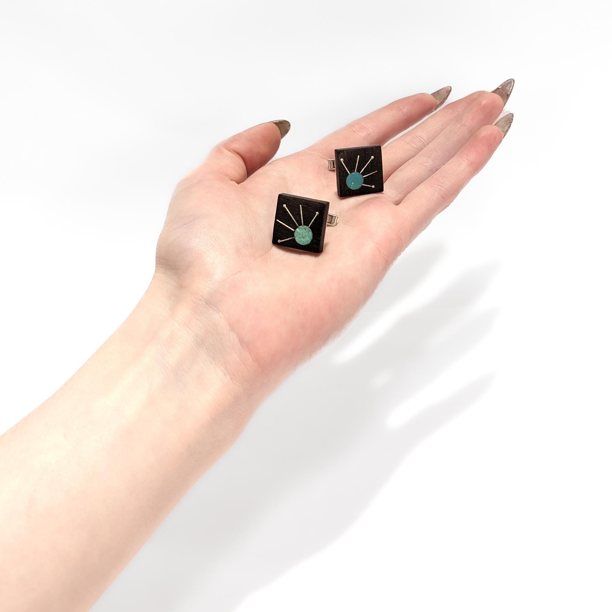 Gemelos mexicanos modernos de mediados de siglo de plata de ley con incrustaciones de piedra dura y madera Moderno en venta