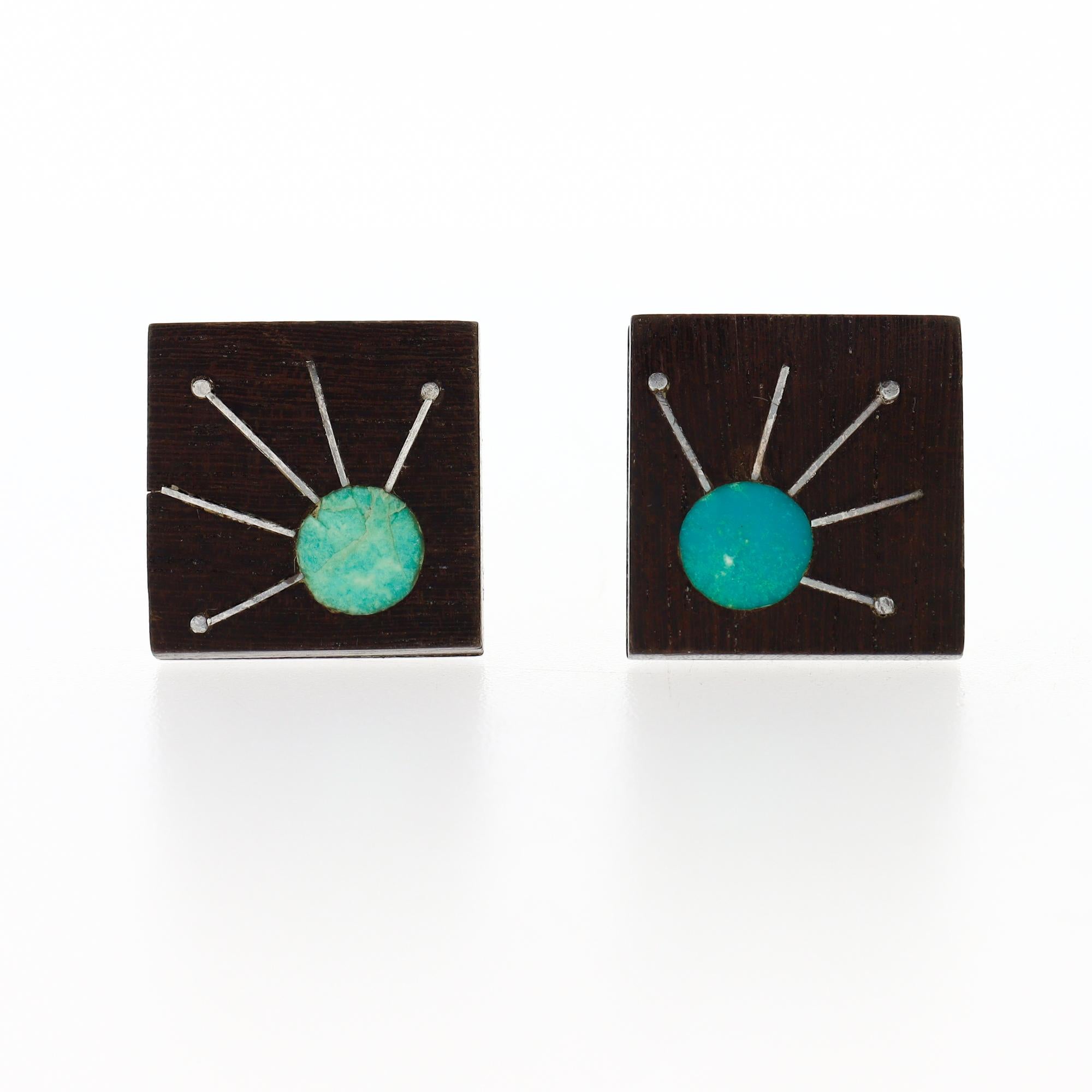 Gemelos mexicanos modernos de mediados de siglo de plata de ley con incrustaciones de piedra dura y madera en Bueno estado para la venta en Philadelphia, PA